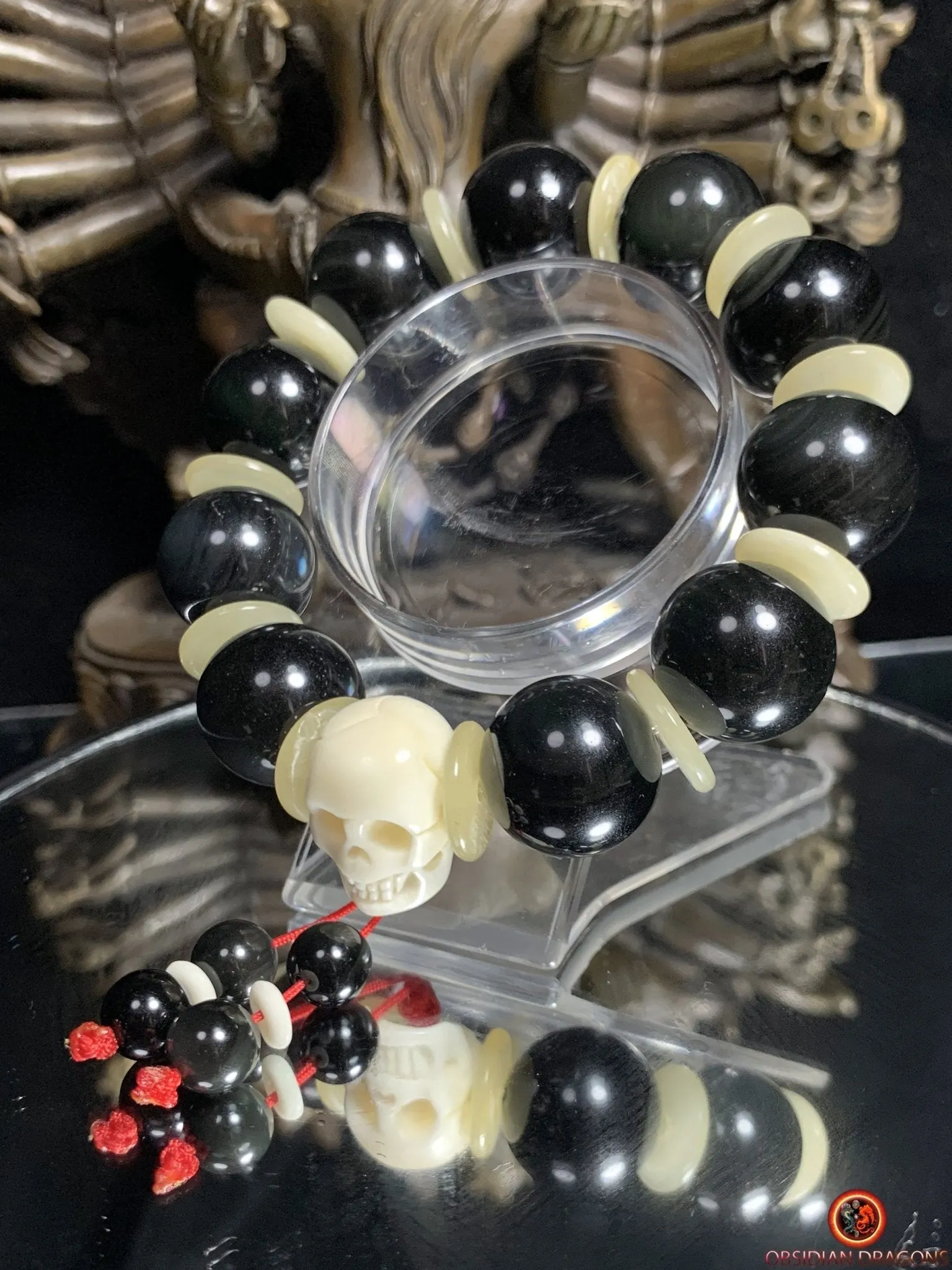 Bracelet en obsidienne oeil céleste artisanal- crâne sculpté