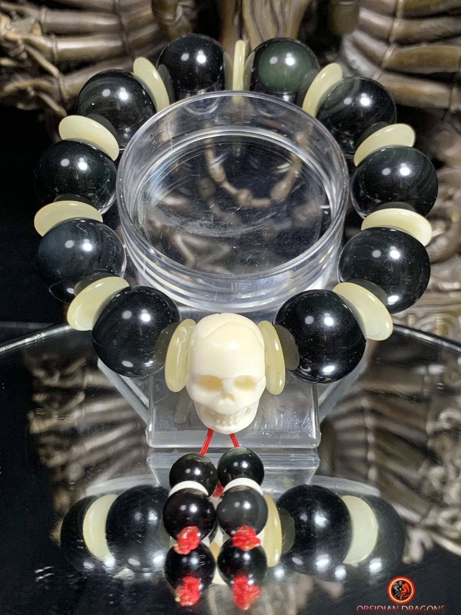 Bracelet en obsidienne oeil céleste artisanal- crâne sculpté