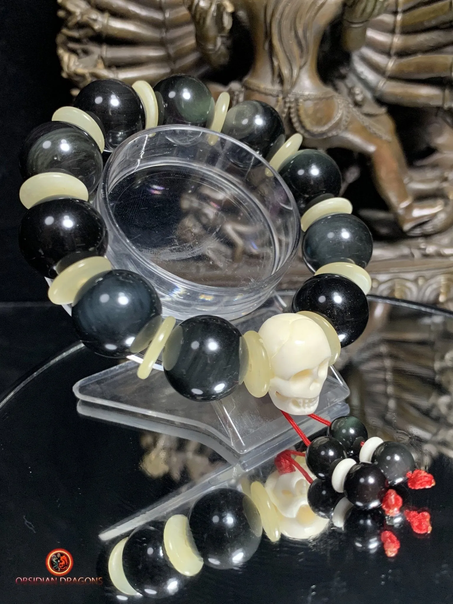 Bracelet en obsidienne oeil céleste artisanal- crâne sculpté