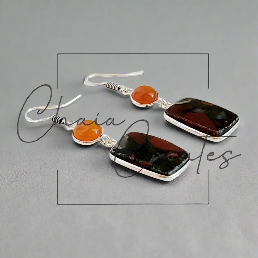 Carnelian and Bloodstone .925 Sterling Silver Dangle Earrings