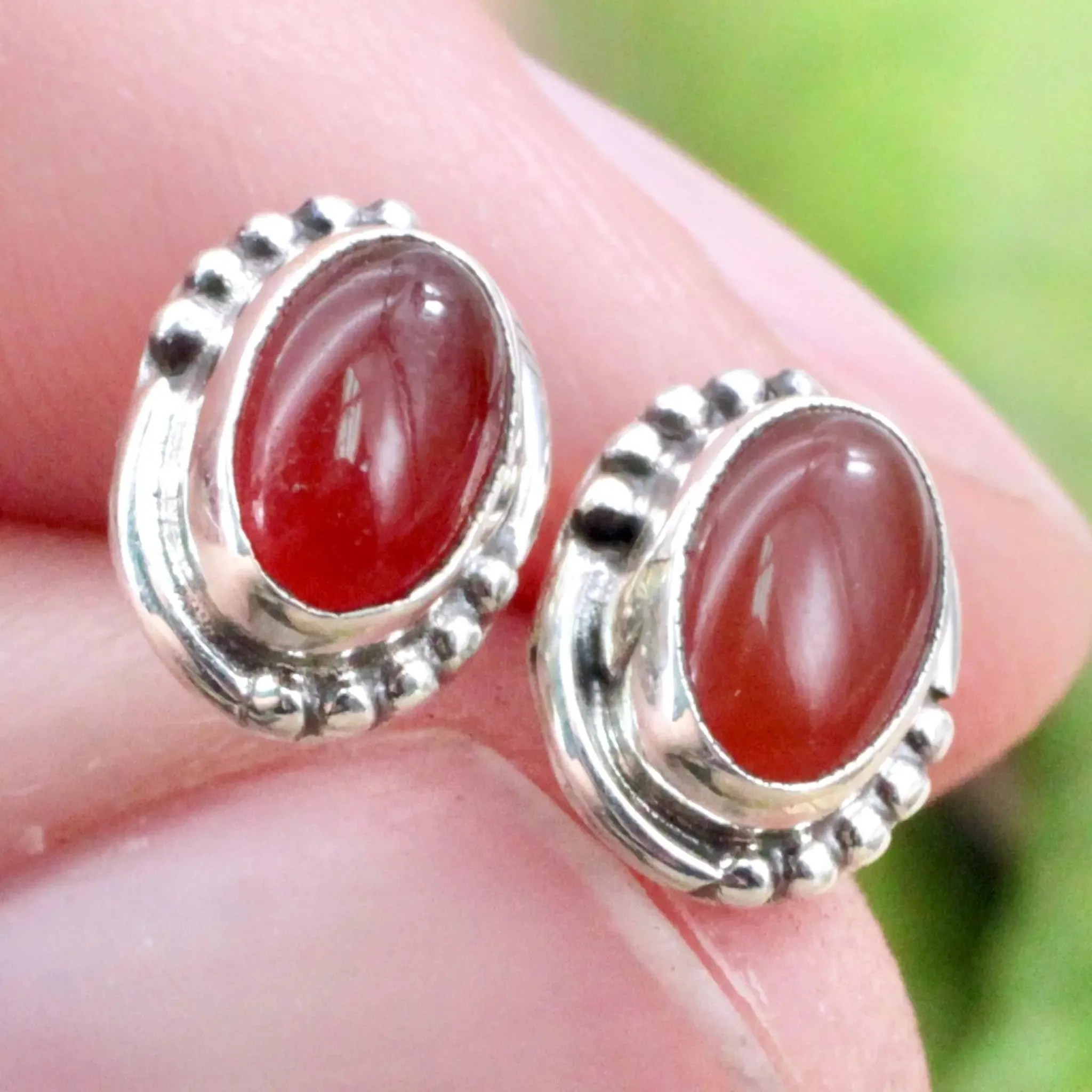 Carnelian Stud Earrings - Silverwork - Sterling Silver