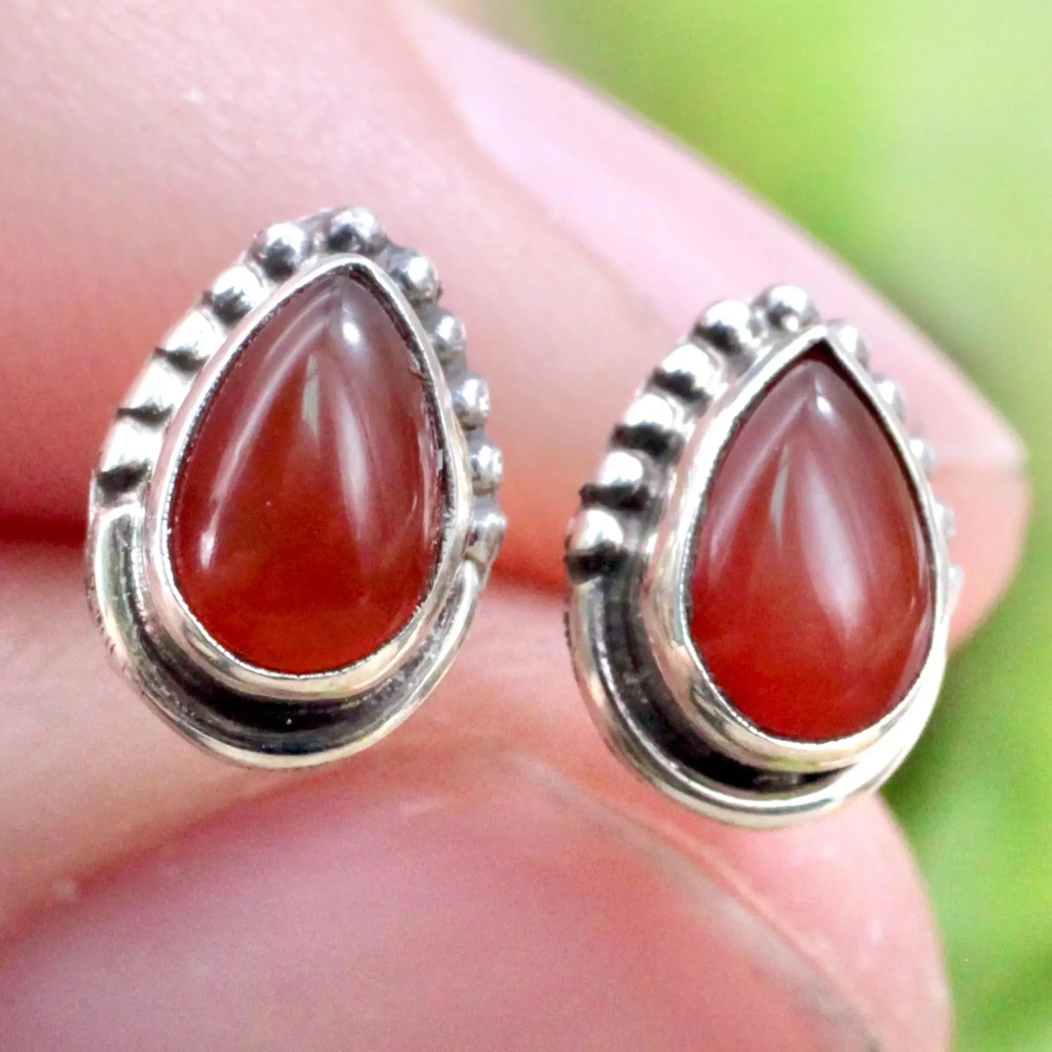Carnelian Stud Earrings - Silverwork - Sterling Silver