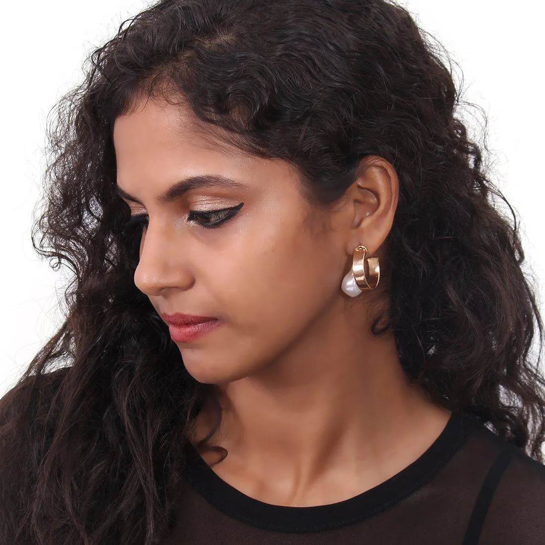 CHUNKY PEARL CHARM STATEMENT OPEN HOOP EARRINGS