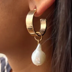 CHUNKY PEARL CHARM STATEMENT OPEN HOOP EARRINGS