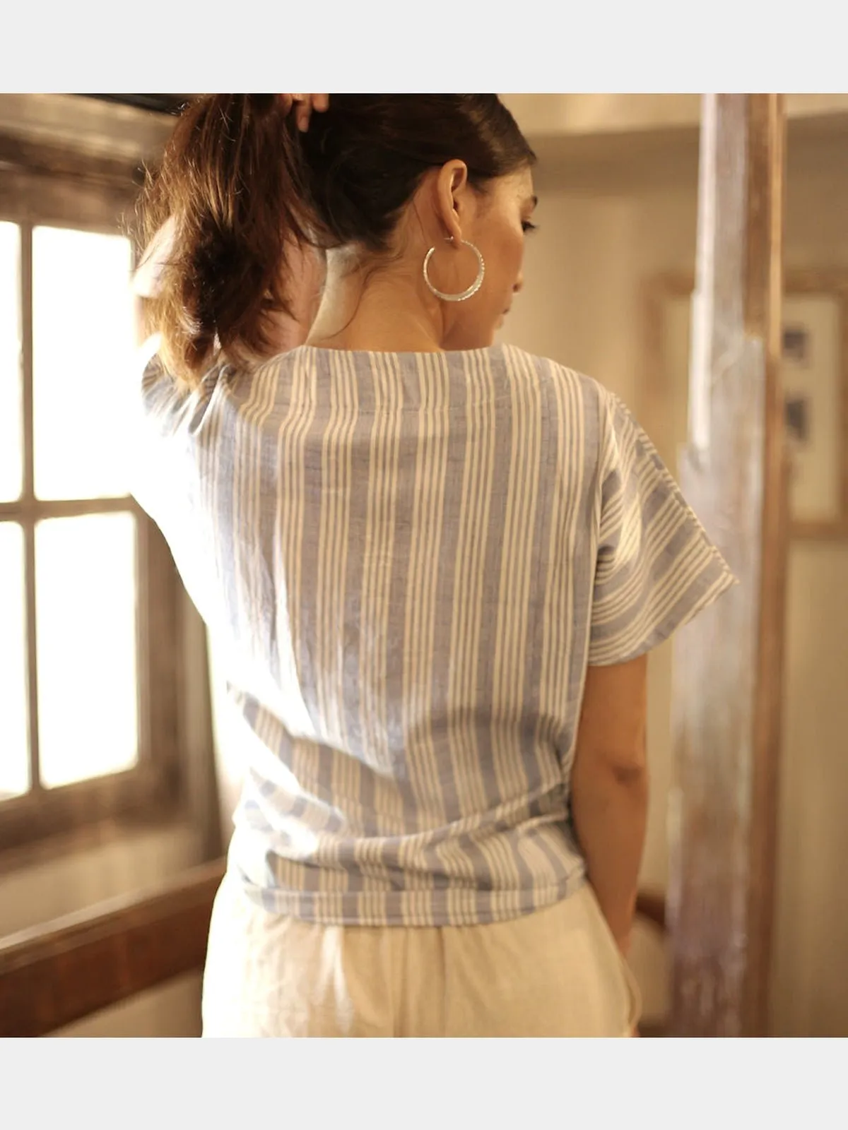 DARA Handwoven Cotton Cap Sleeve Shirt, in Riviera Blue