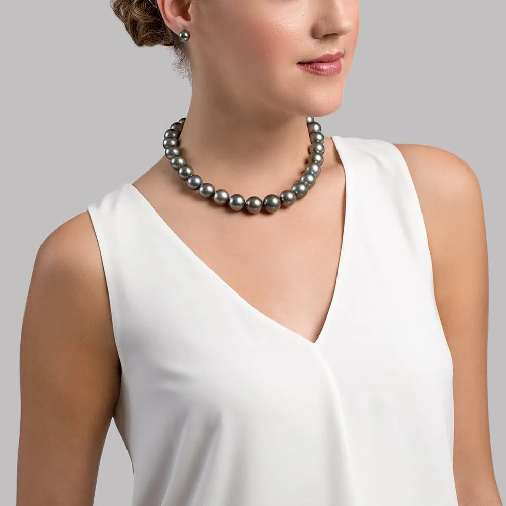 Dark Tahitian True Round Pearl Necklace, 13.0-15.0mm - AAA Quality