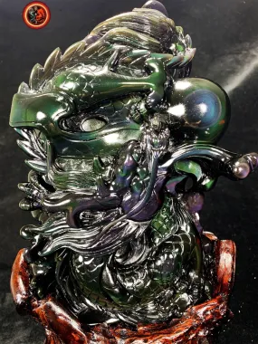 Dragon en obsidienne oeil celeste.Exceptionnelle statue entièrement faite a la main. Dragon, protecteur feng shui. support en cèdre. unique