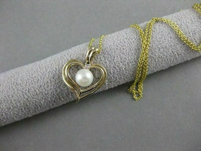 ESTATE DIAMOND & AAA PEARL 14KT YELLOW GOLD 3D OPEN HEART SOLITAIRE PENDANT 1085
