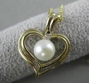 ESTATE DIAMOND & AAA PEARL 14KT YELLOW GOLD 3D OPEN HEART SOLITAIRE PENDANT 1085