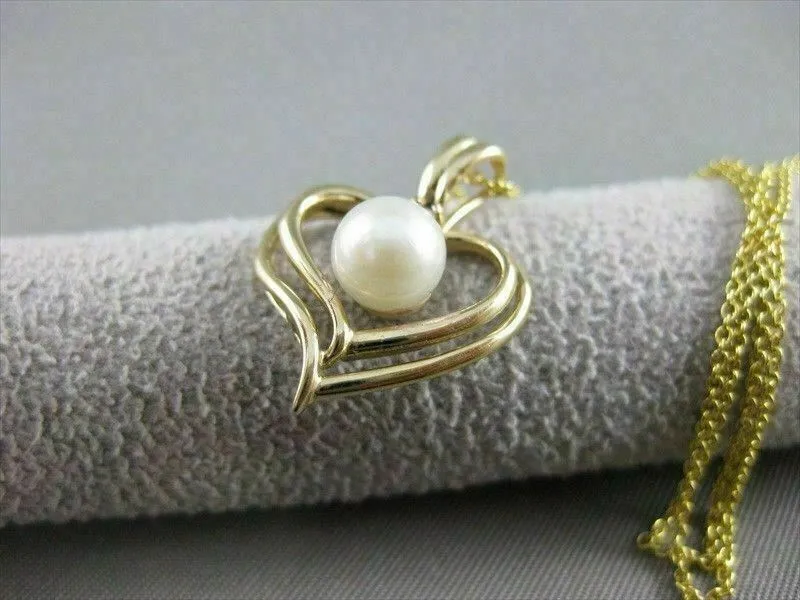 ESTATE DIAMOND & AAA PEARL 14KT YELLOW GOLD 3D OPEN HEART SOLITAIRE PENDANT 1085