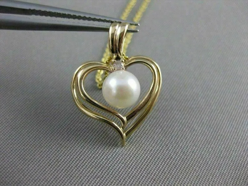 ESTATE DIAMOND & AAA PEARL 14KT YELLOW GOLD 3D OPEN HEART SOLITAIRE PENDANT 1085