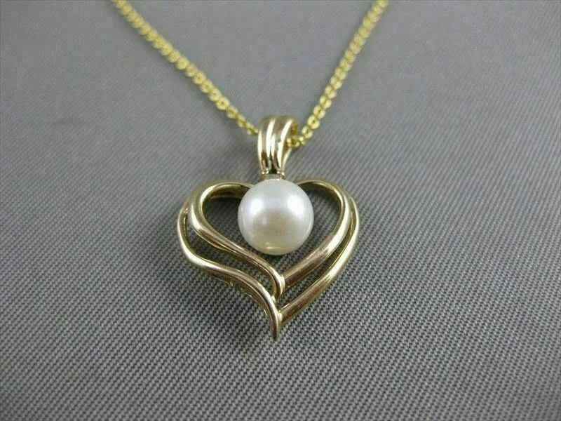ESTATE DIAMOND & AAA PEARL 14KT YELLOW GOLD 3D OPEN HEART SOLITAIRE PENDANT 1085