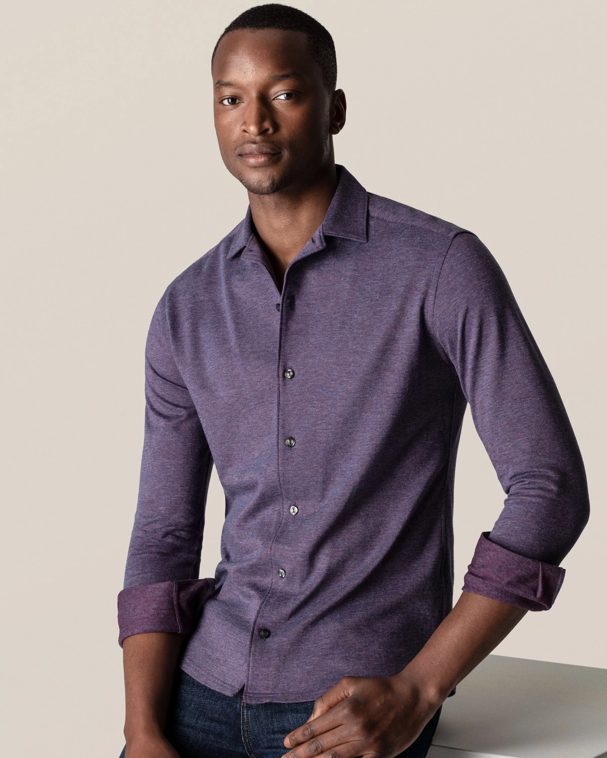 Eton Mouline Jersey Shirt Mid Purple