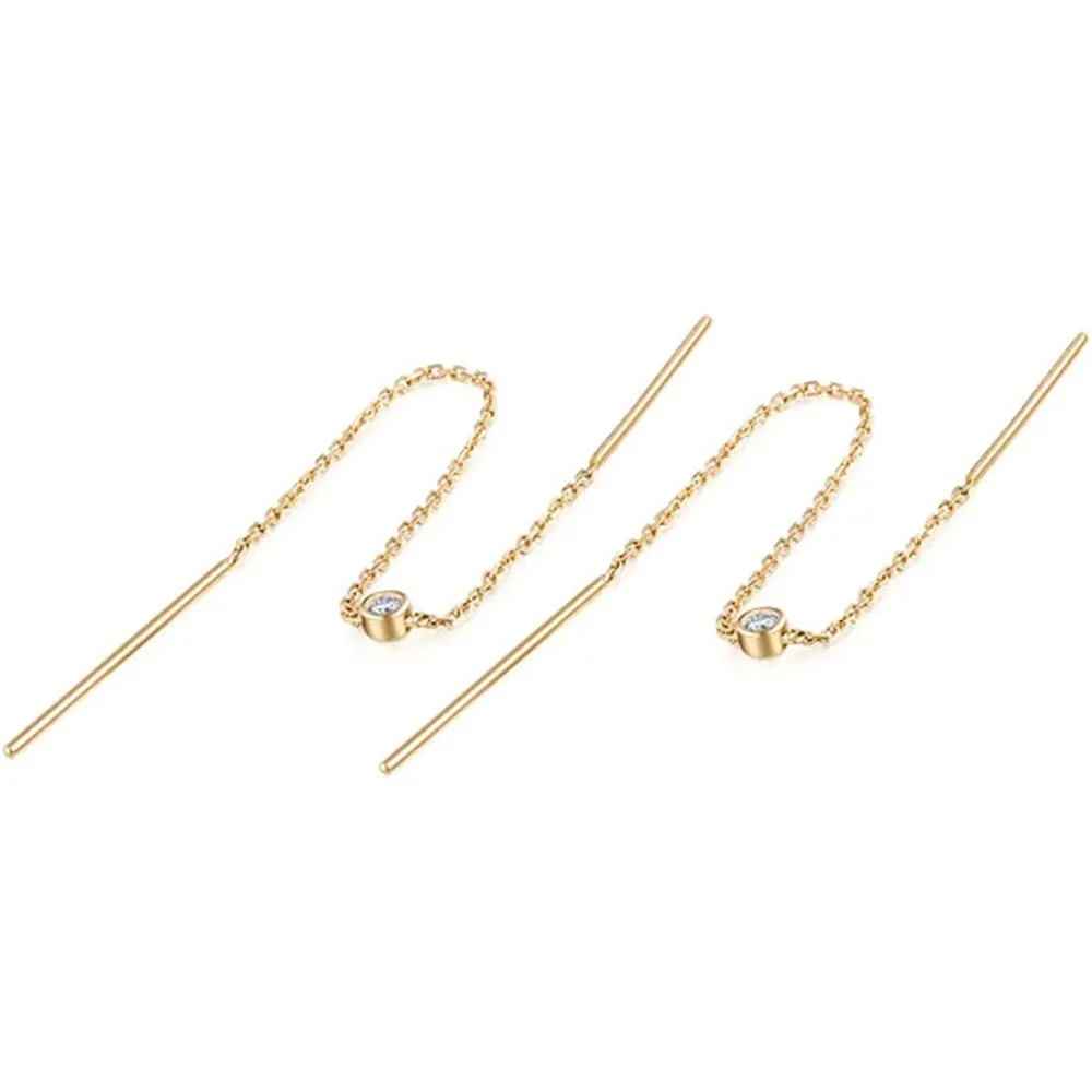Fancime 14K Yellow Gold 0.03CTTW White Diamond Long Chain Threader Earrings