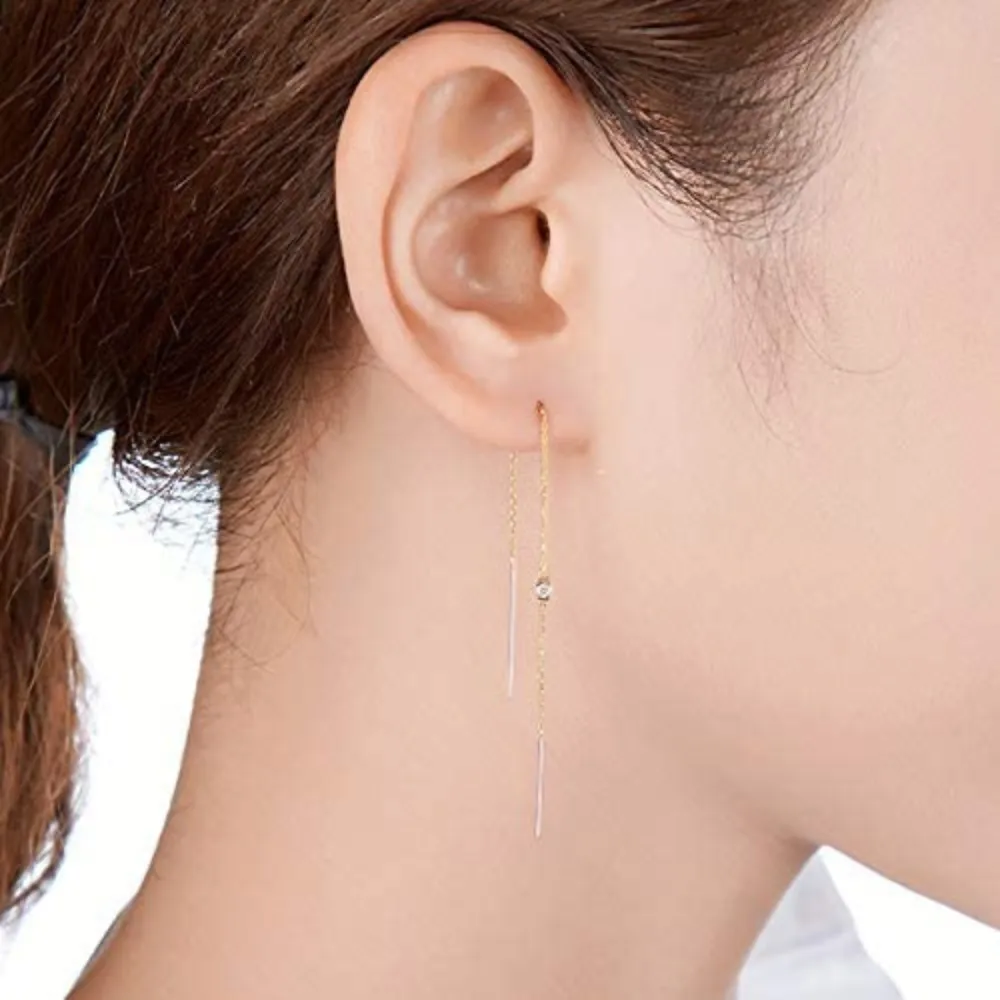 Fancime 14K Yellow Gold 0.03CTTW White Diamond Long Chain Threader Earrings