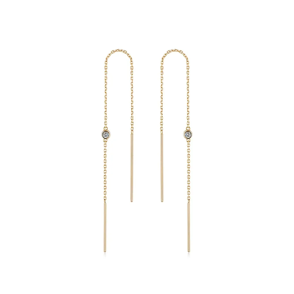 Fancime 14K Yellow Gold 0.03CTTW White Diamond Long Chain Threader Earrings