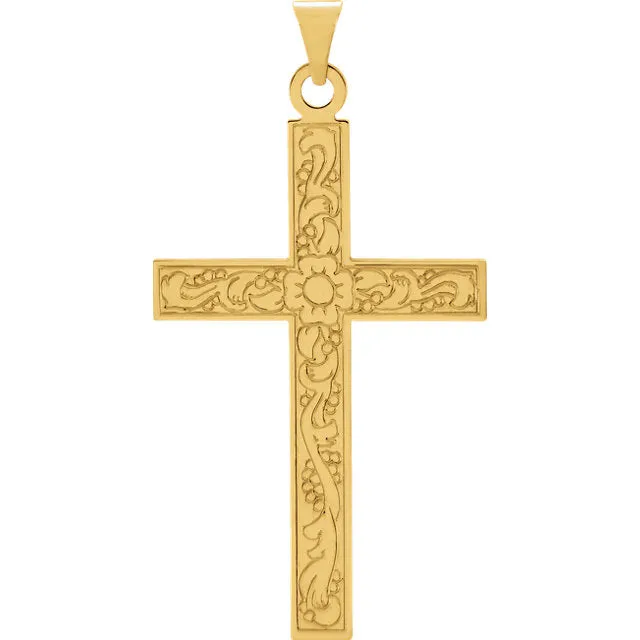 Flower Design Flowing Cross in Solid 14 Karat Yellow Gold