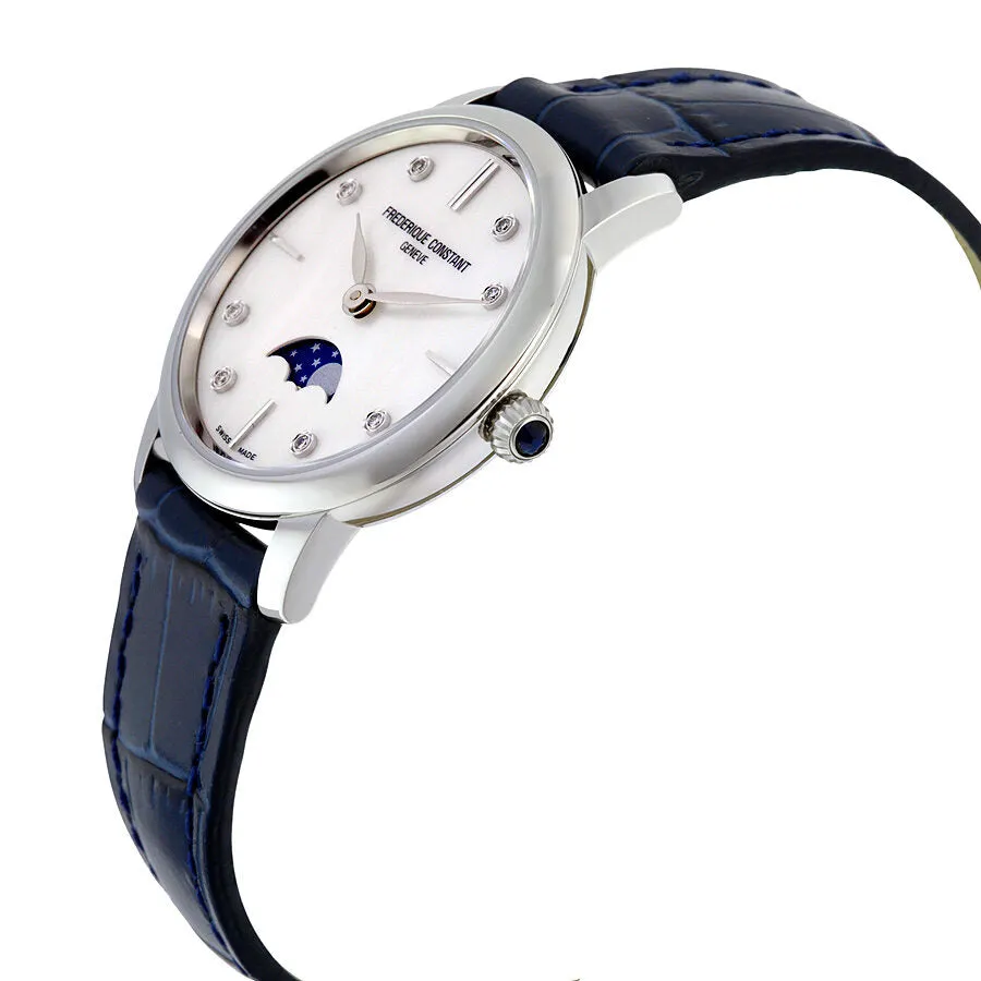 Frederique Constant Slimline Moonphase Mother of Pearl Dial Diamond Blue Leather Ladies Watch FC-206MPWD1S6