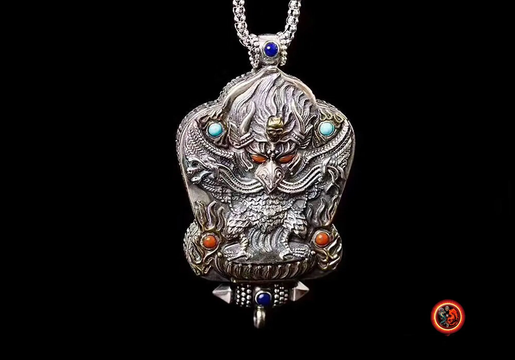 gau, reliquaire, pendentif de protection bouddhiste, Garuda, argent 925, turquoise, agate nan hong.