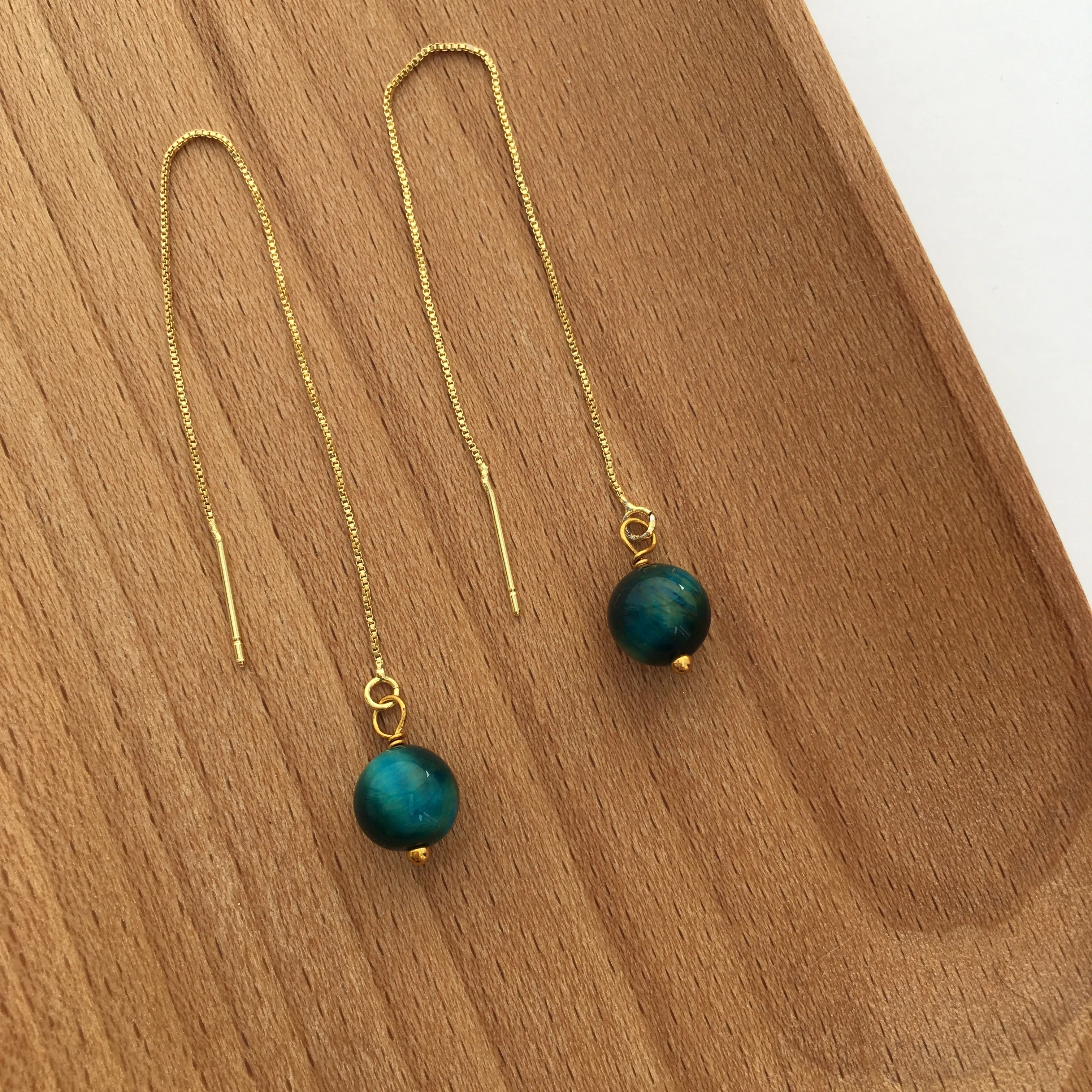 Genuine Blue Tiger's Eye Gold Plated Threader Earrings, Pair