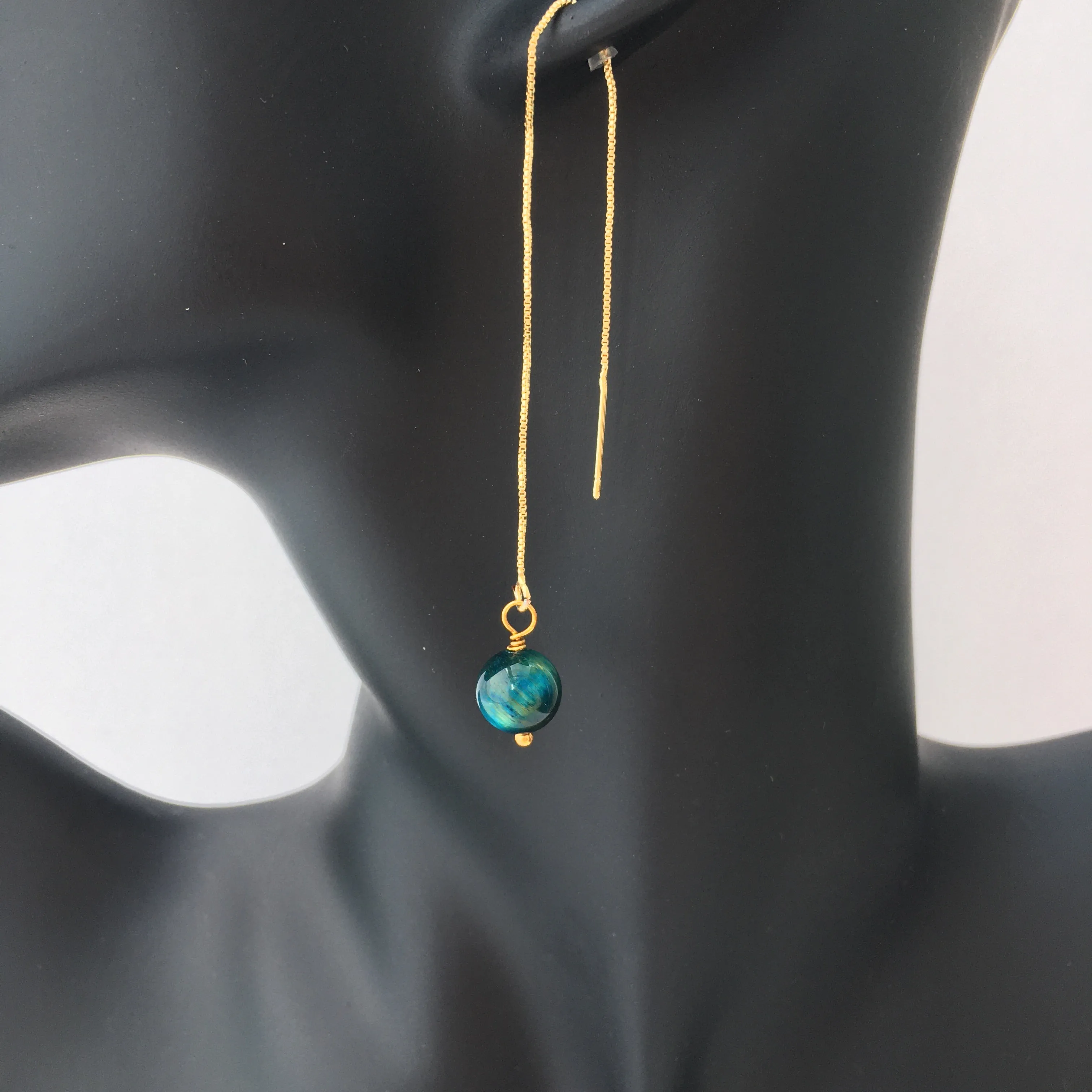 Genuine Blue Tiger's Eye Gold Plated Threader Earrings, Pair