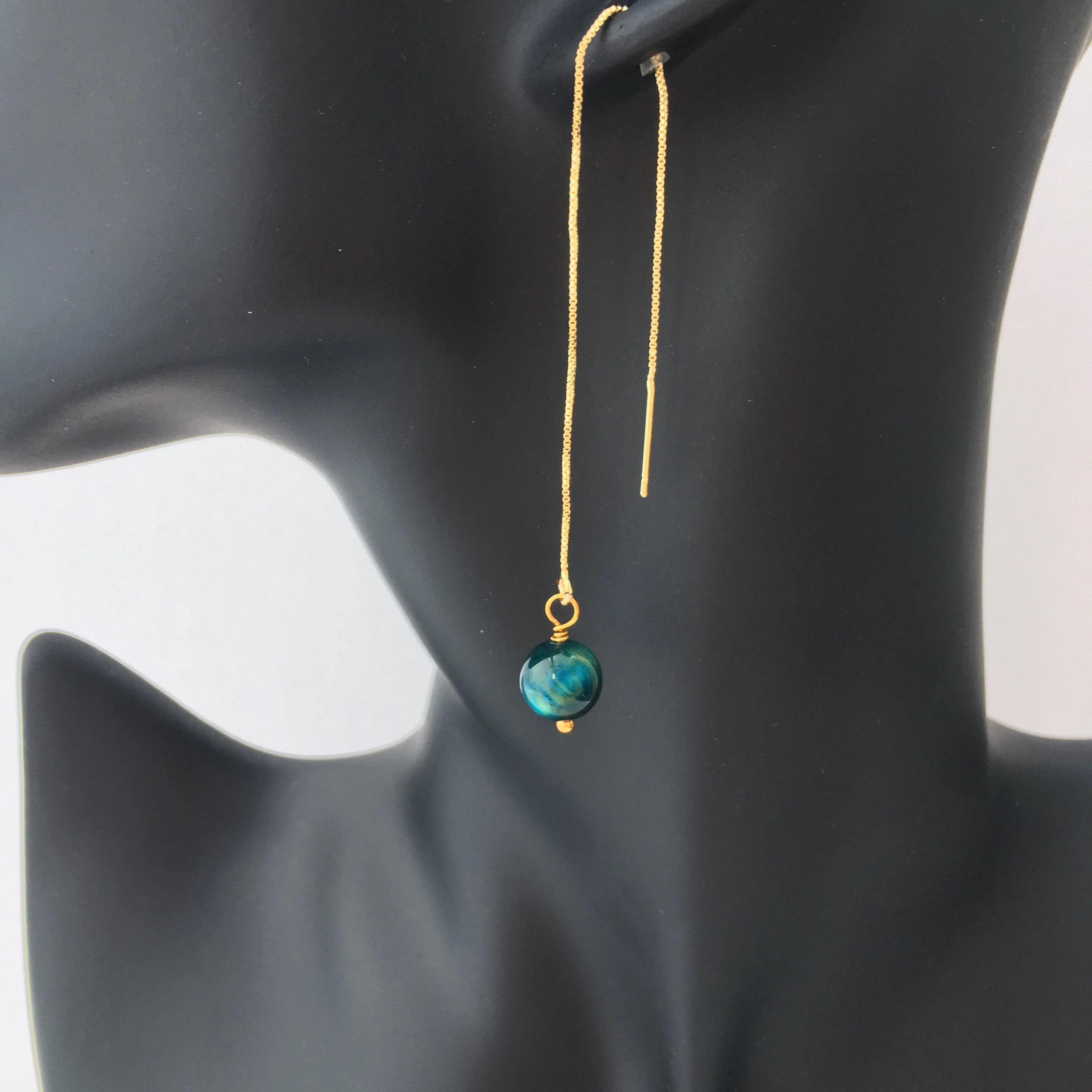 Genuine Blue Tiger's Eye Gold Plated Threader Earrings, Pair