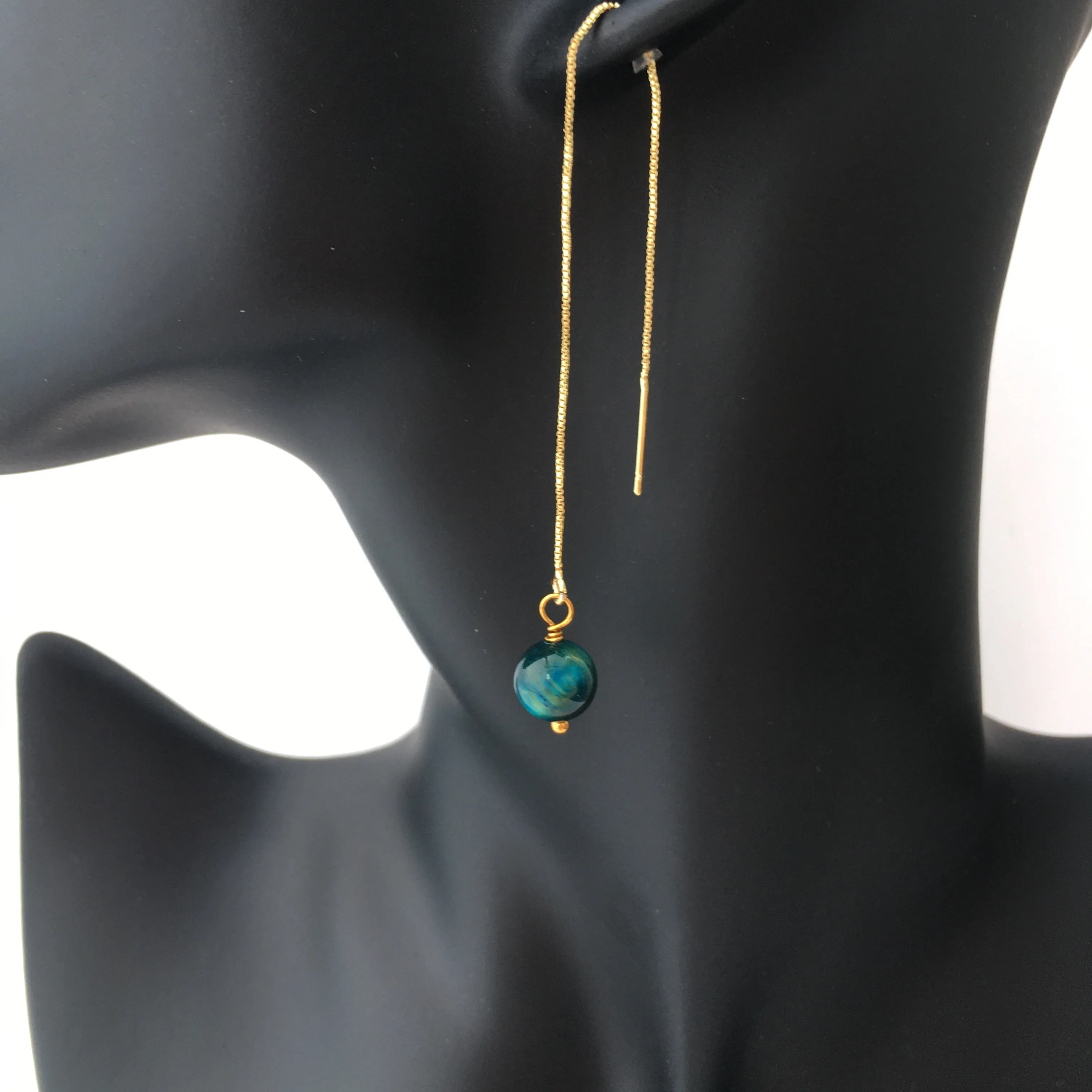 Genuine Blue Tiger's Eye Gold Plated Threader Earrings, Pair