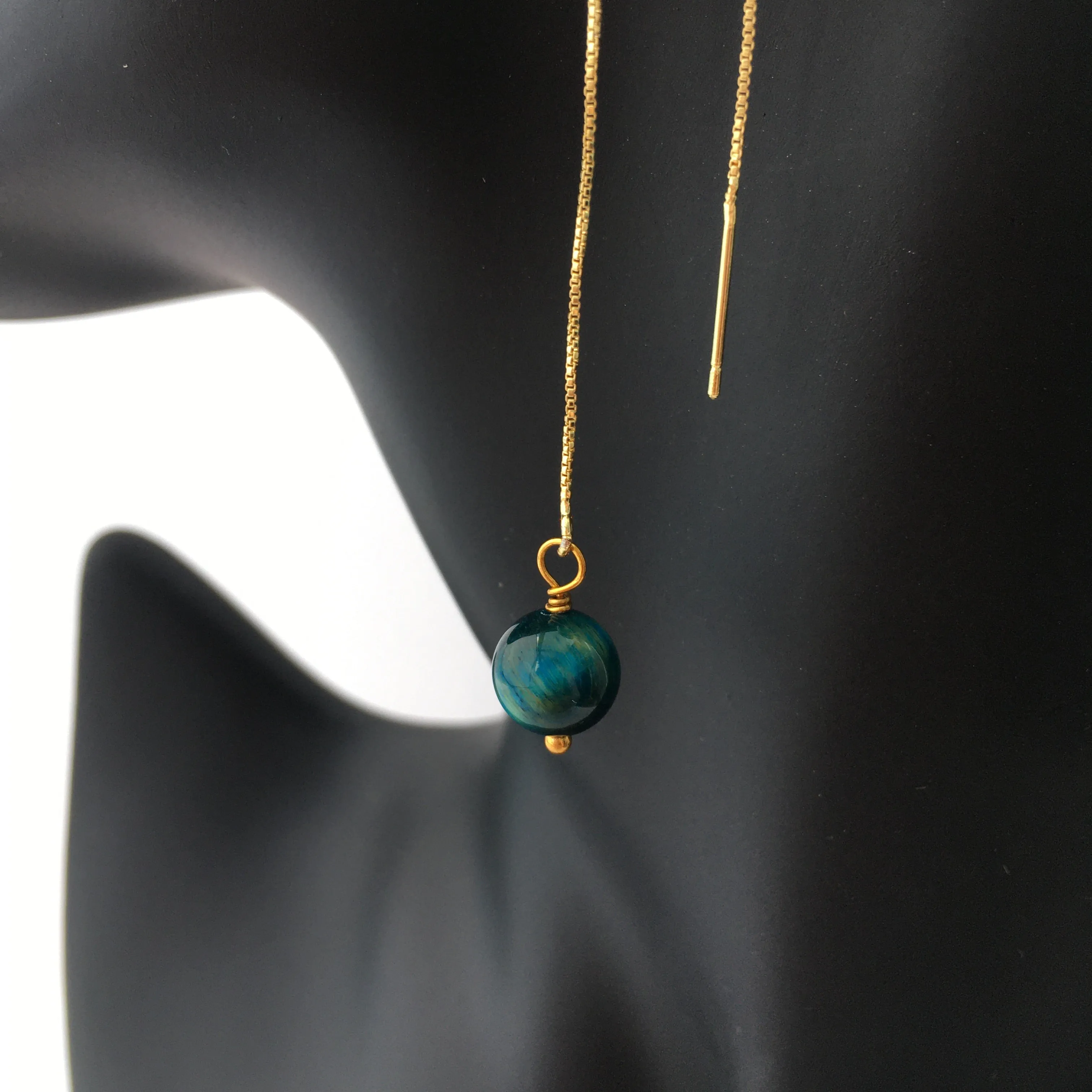 Genuine Blue Tiger's Eye Gold Plated Threader Earrings, Pair