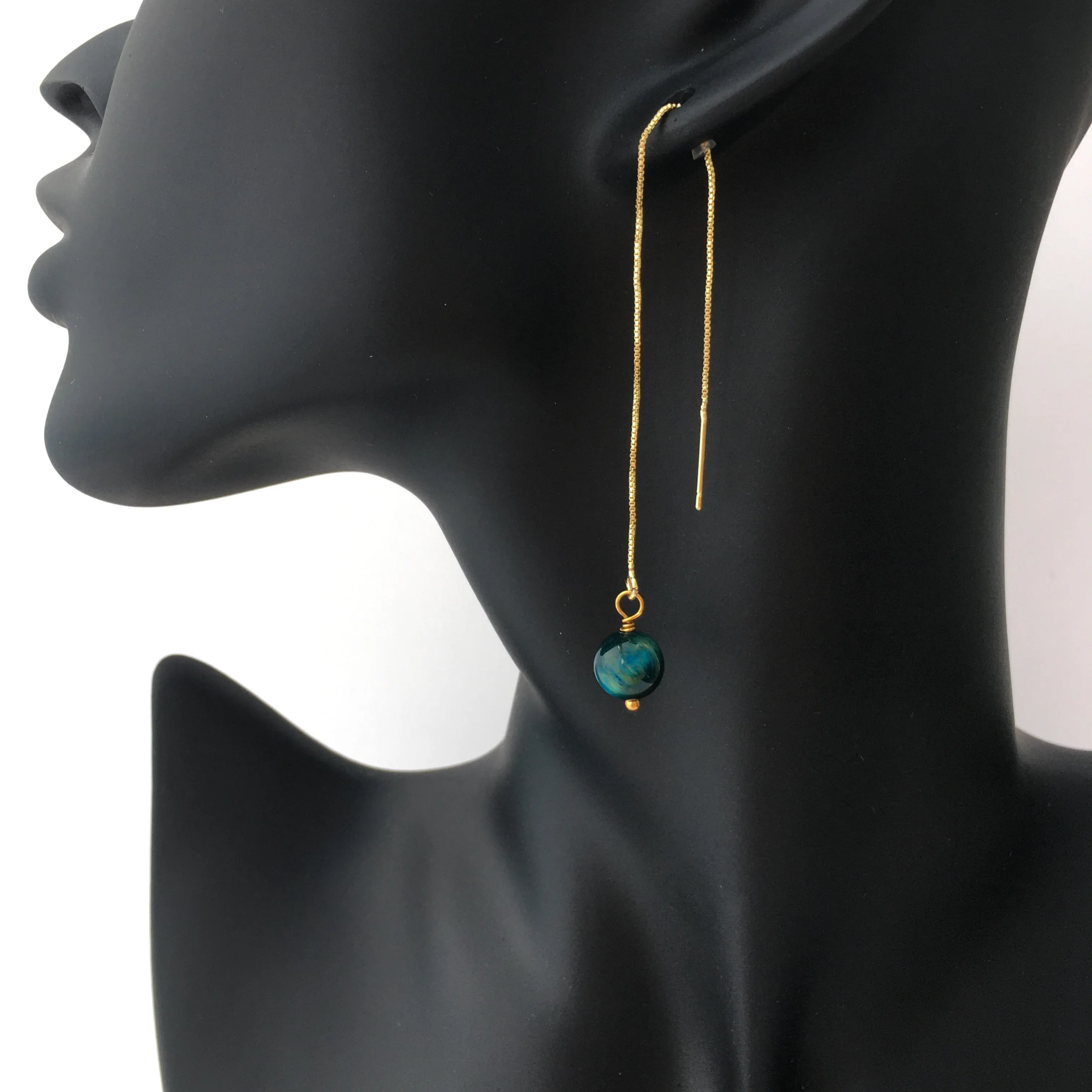 Genuine Blue Tiger's Eye Gold Plated Threader Earrings, Pair