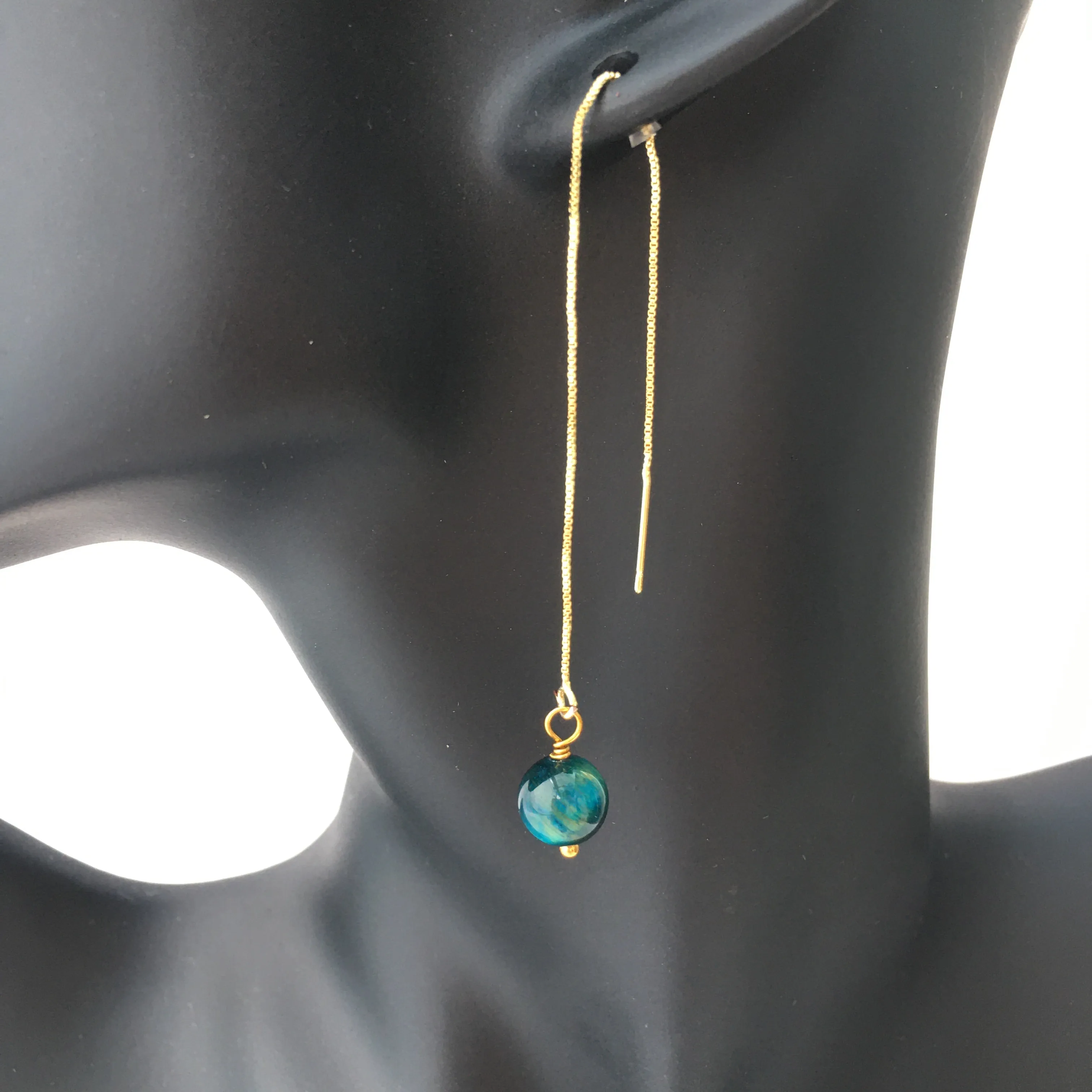 Genuine Blue Tiger's Eye Gold Plated Threader Earrings, Pair