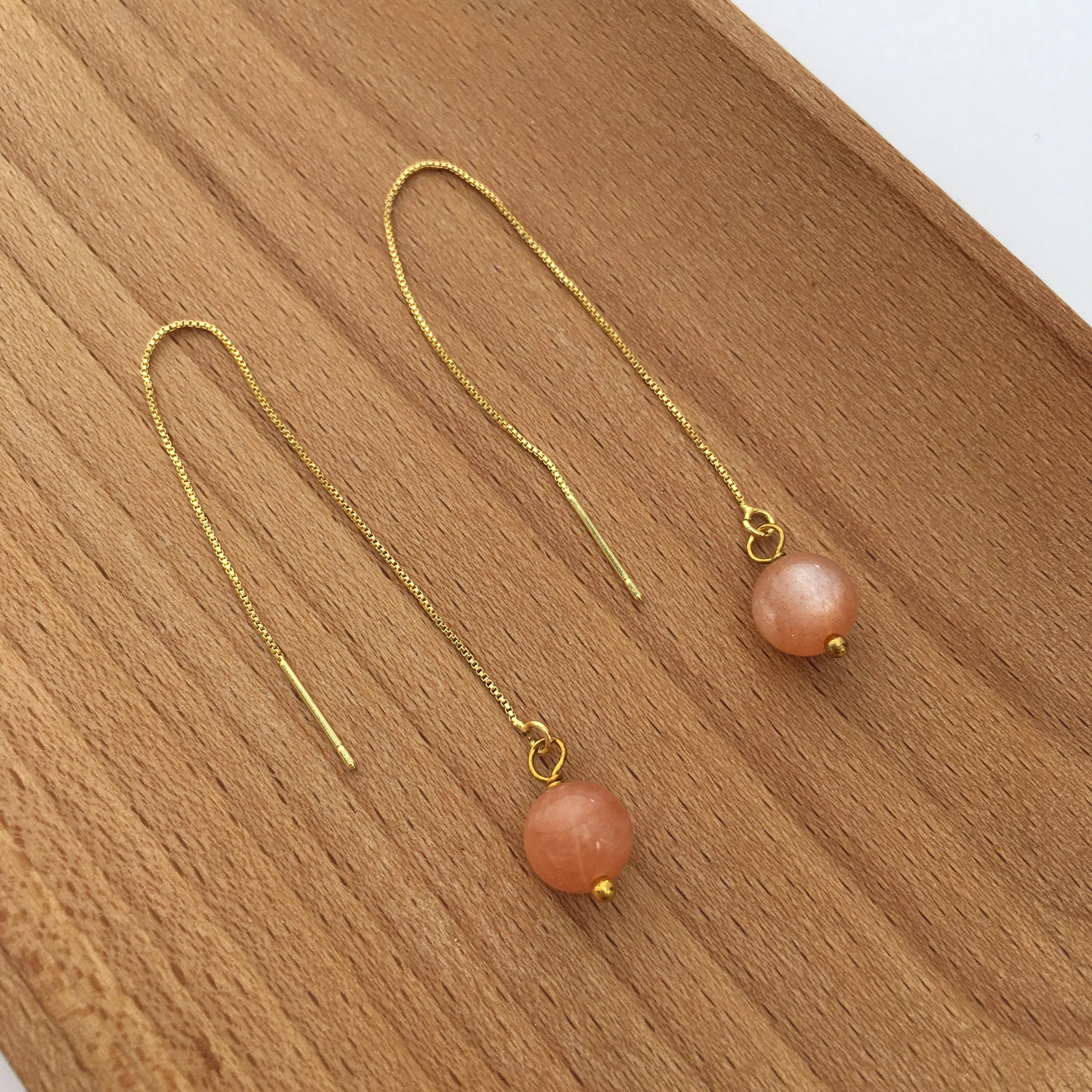 Genuine Sunstone Gold Plated Threader Earrings, Pair
