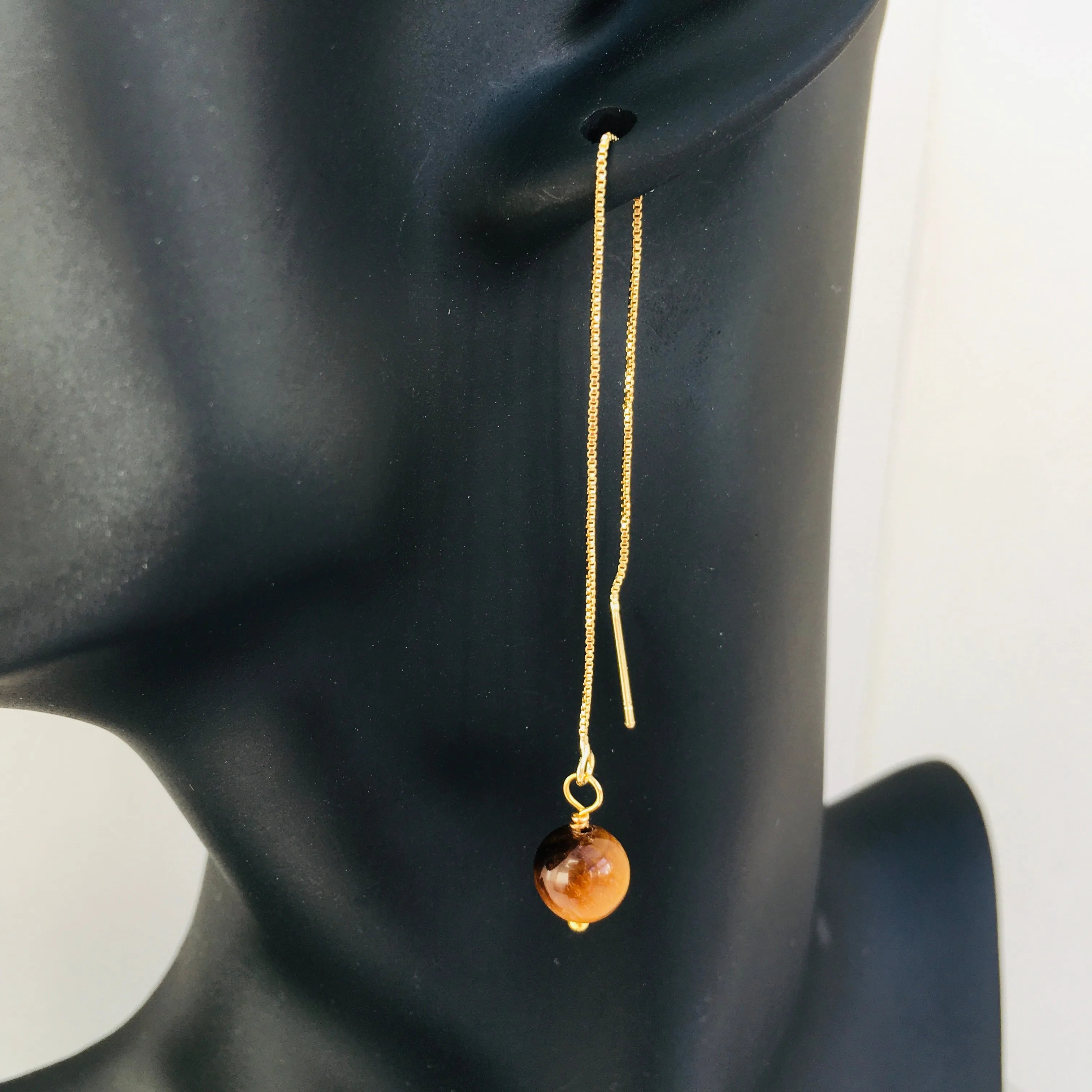 Genuine Tiger Eye Gold Plated Threader Earrings, Pair
