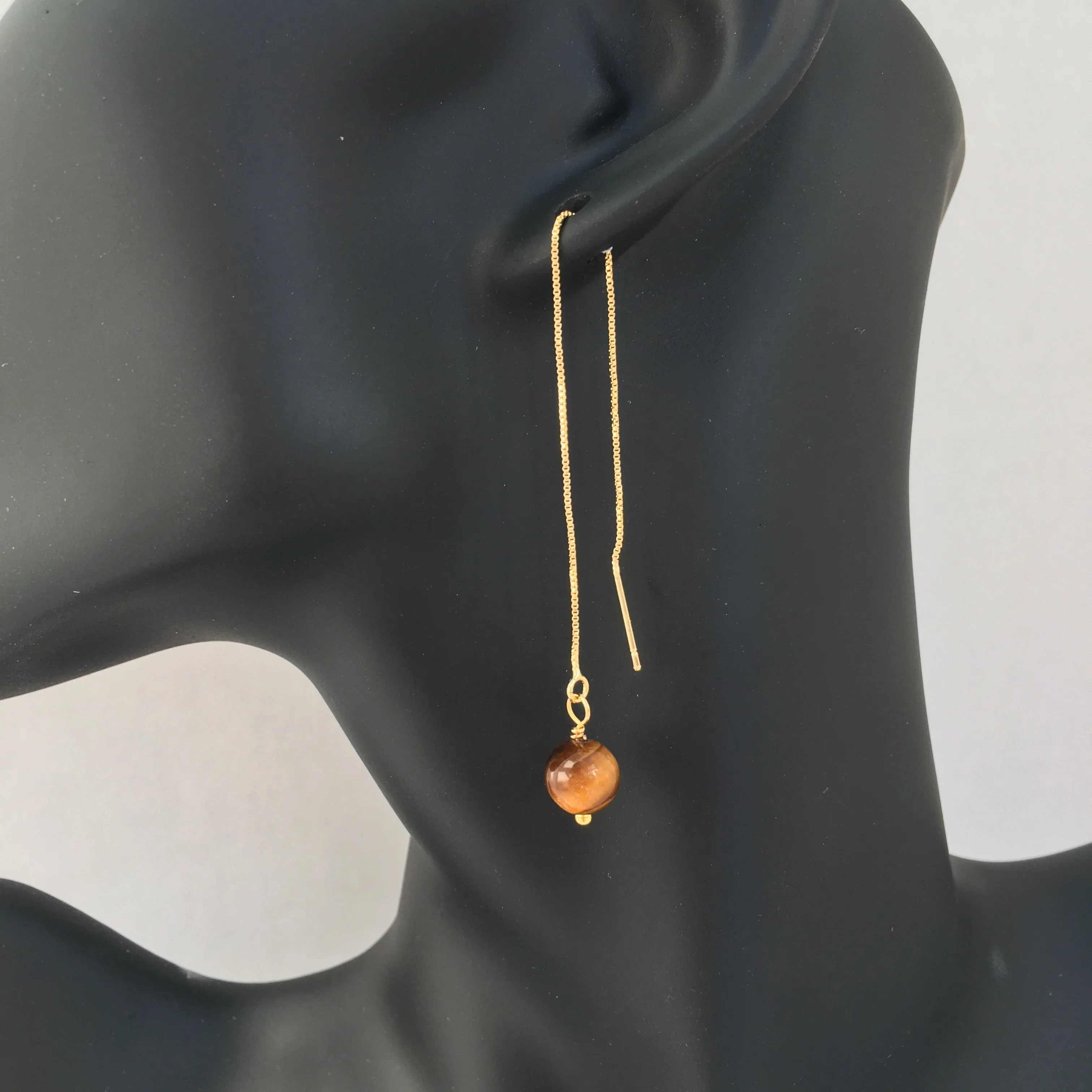 Genuine Tiger Eye Gold Plated Threader Earrings, Pair