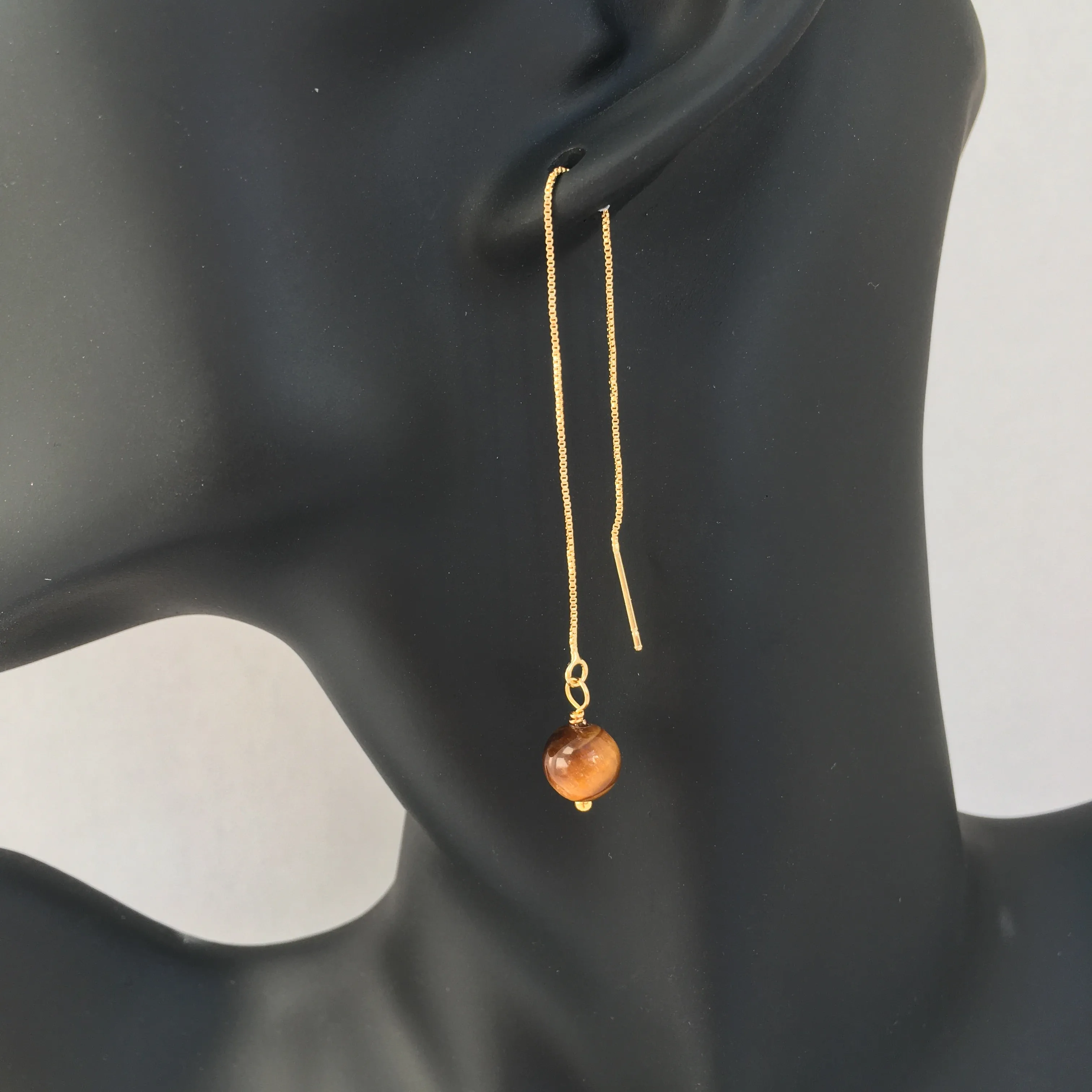 Genuine Tiger Eye Gold Plated Threader Earrings, Pair