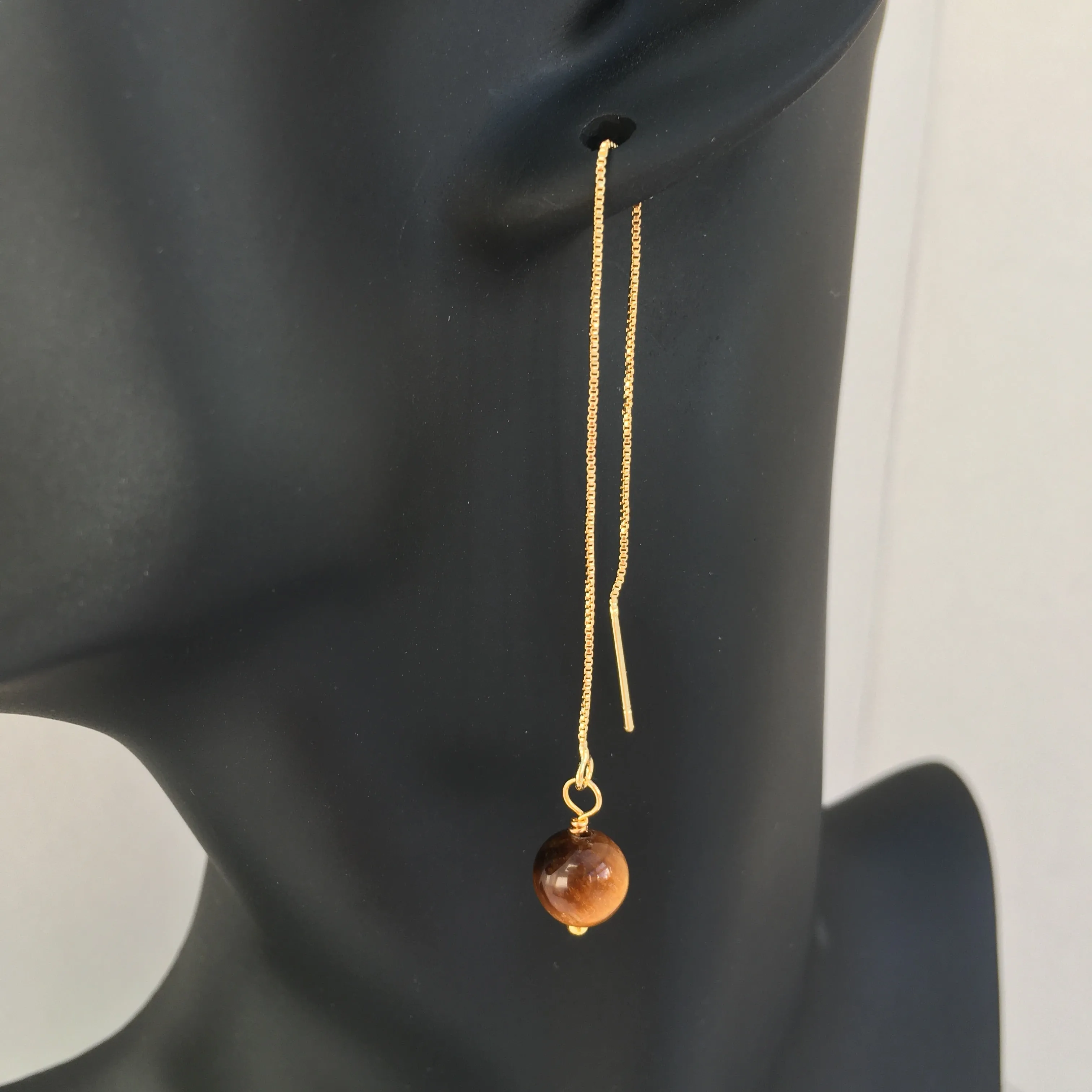 Genuine Tiger Eye Gold Plated Threader Earrings, Pair