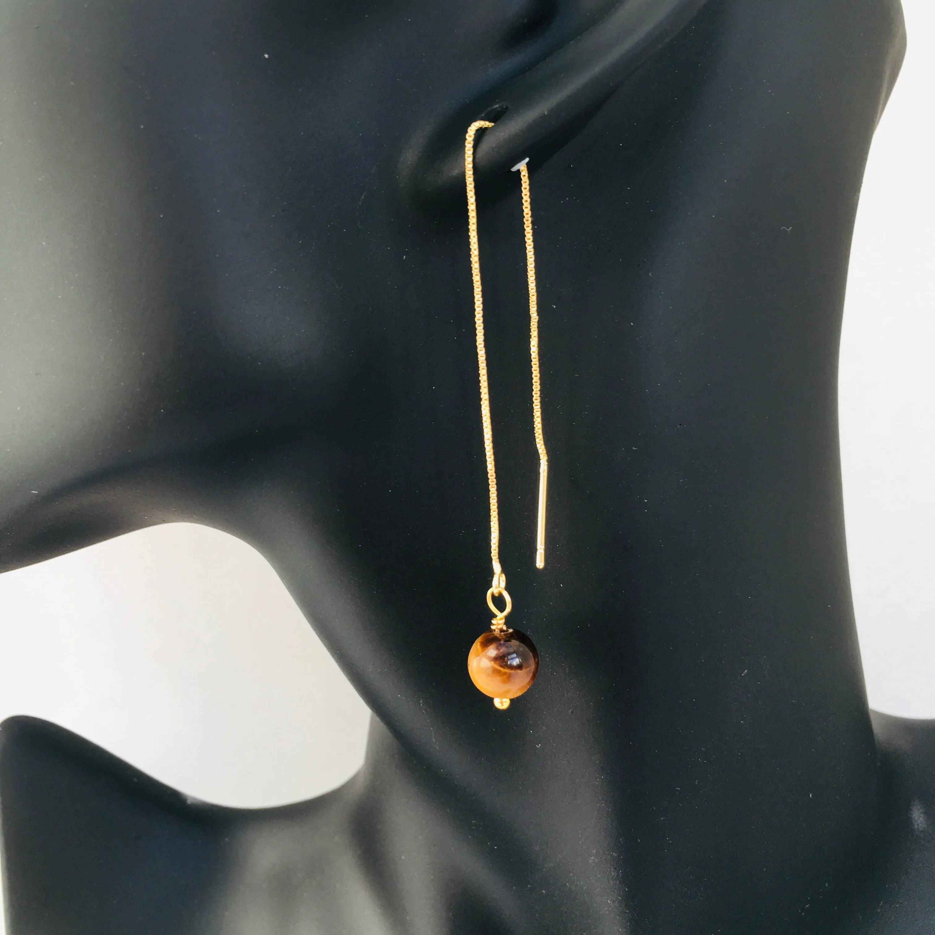 Genuine Tiger Eye Gold Plated Threader Earrings, Pair