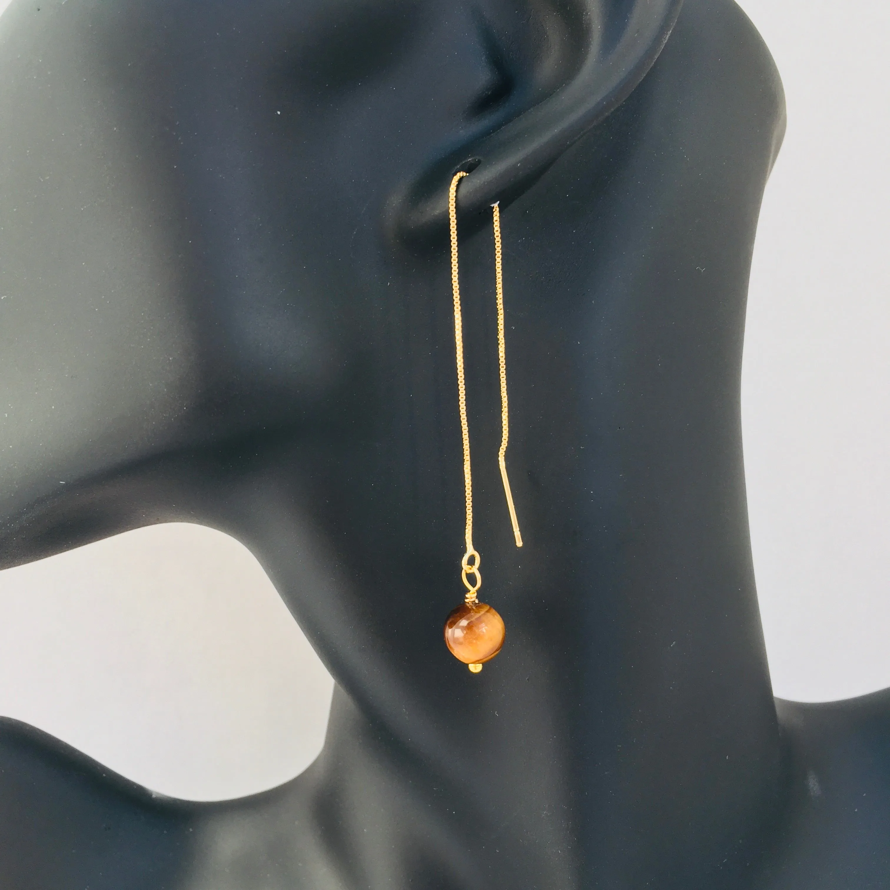Genuine Tiger Eye Gold Plated Threader Earrings, Pair