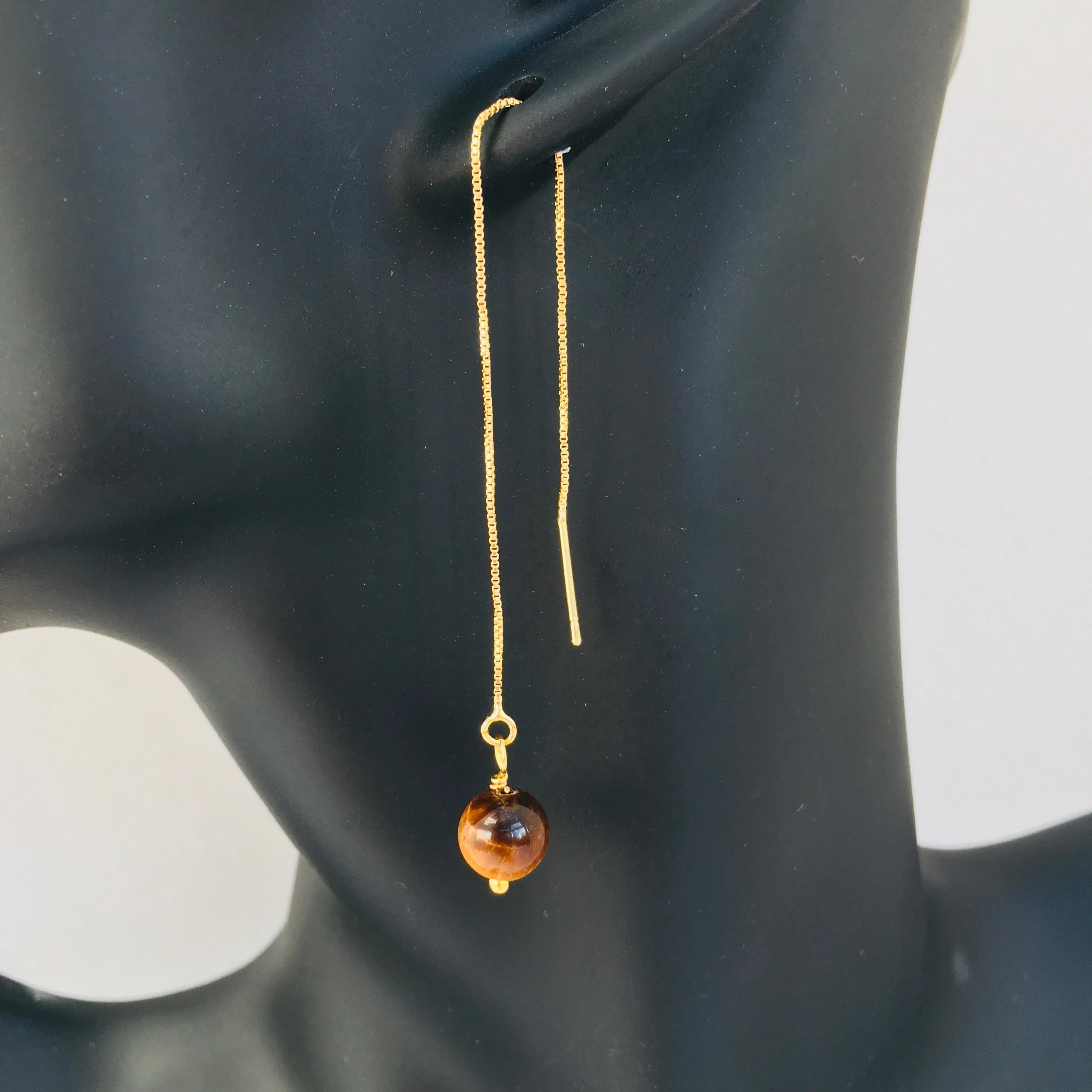 Genuine Tiger Eye Gold Plated Threader Earrings, Pair