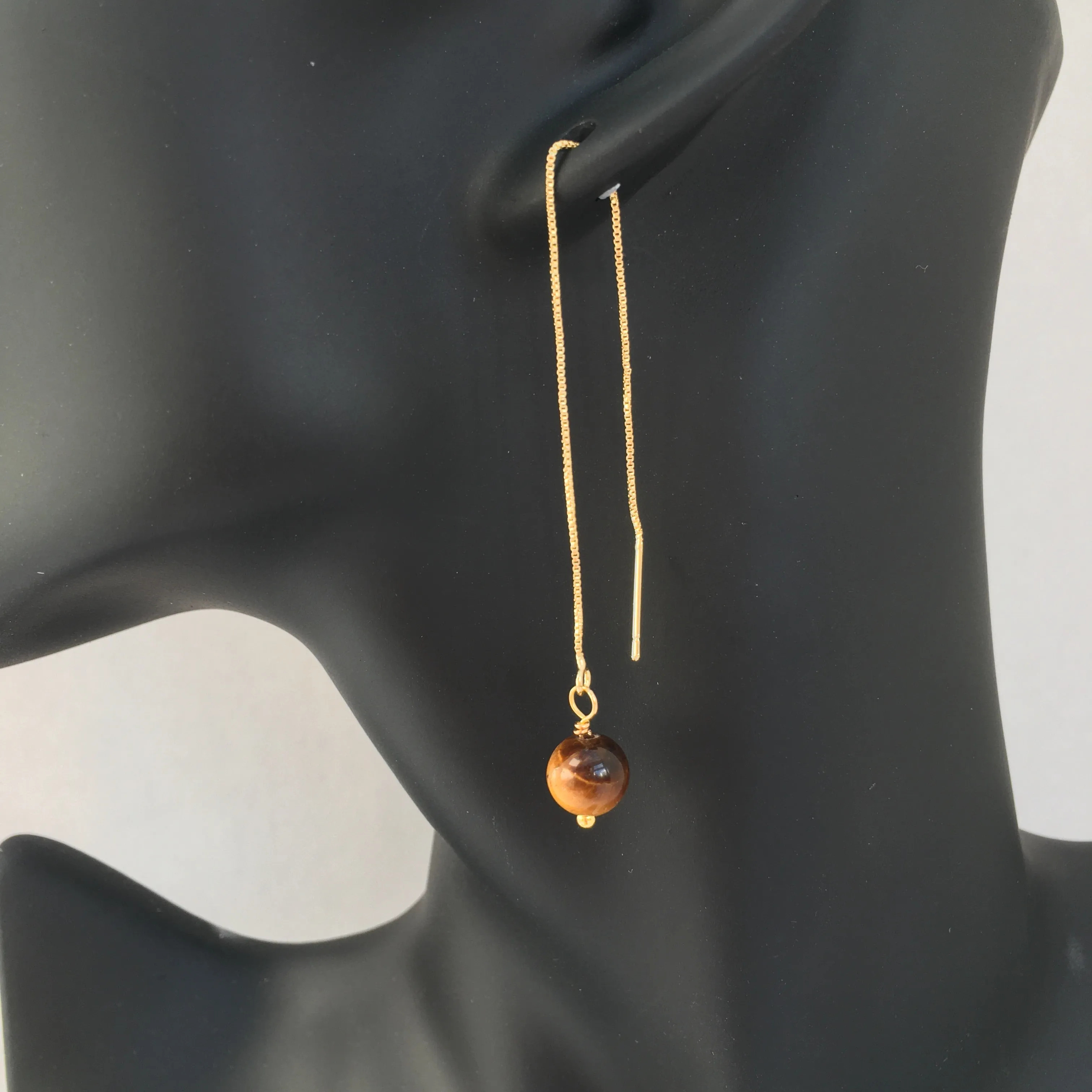 Genuine Tiger Eye Gold Plated Threader Earrings, Pair