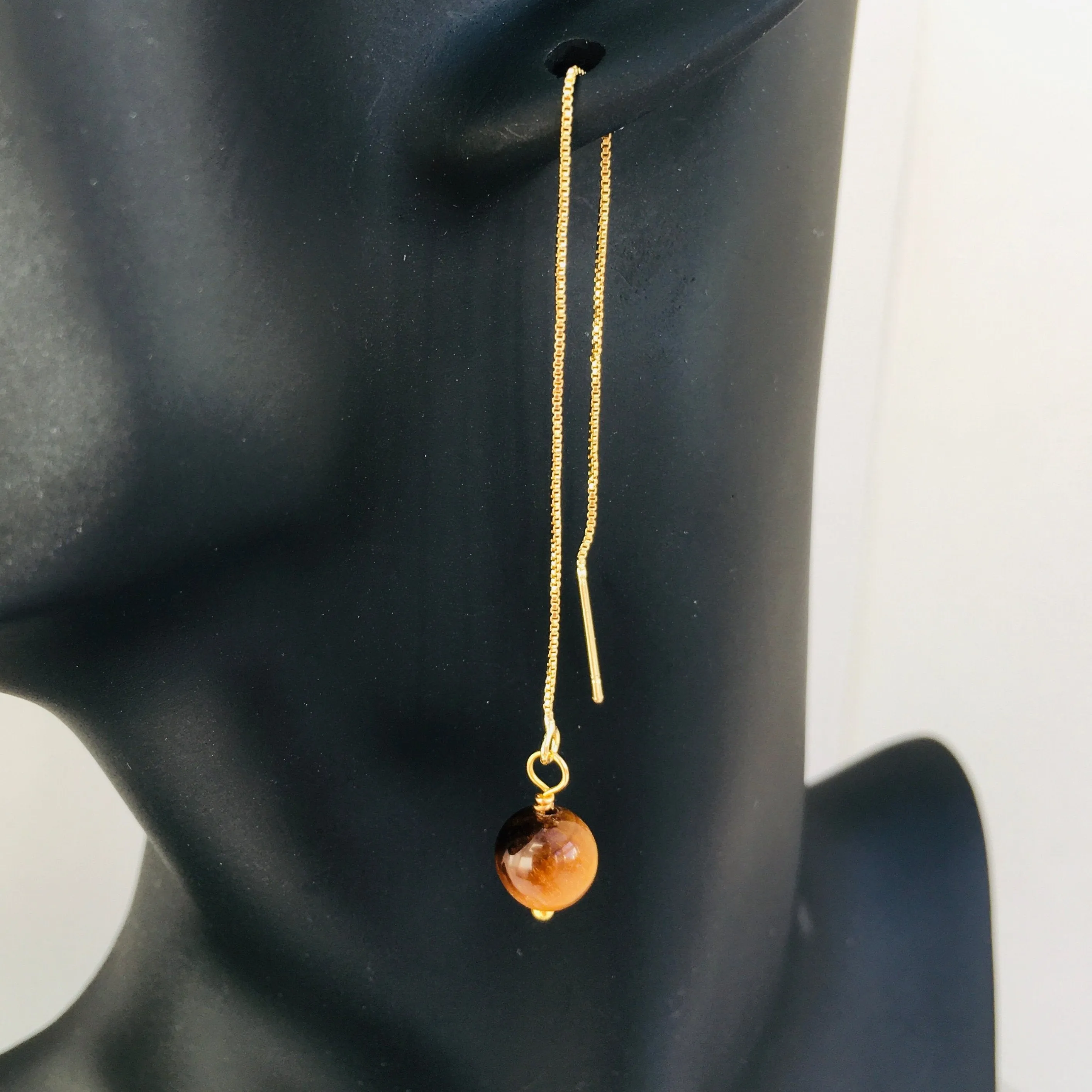 Genuine Tiger Eye Gold Plated Threader Earrings, Pair
