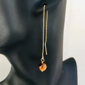 Genuine Tiger Eye Gold Plated Threader Earrings, Pair