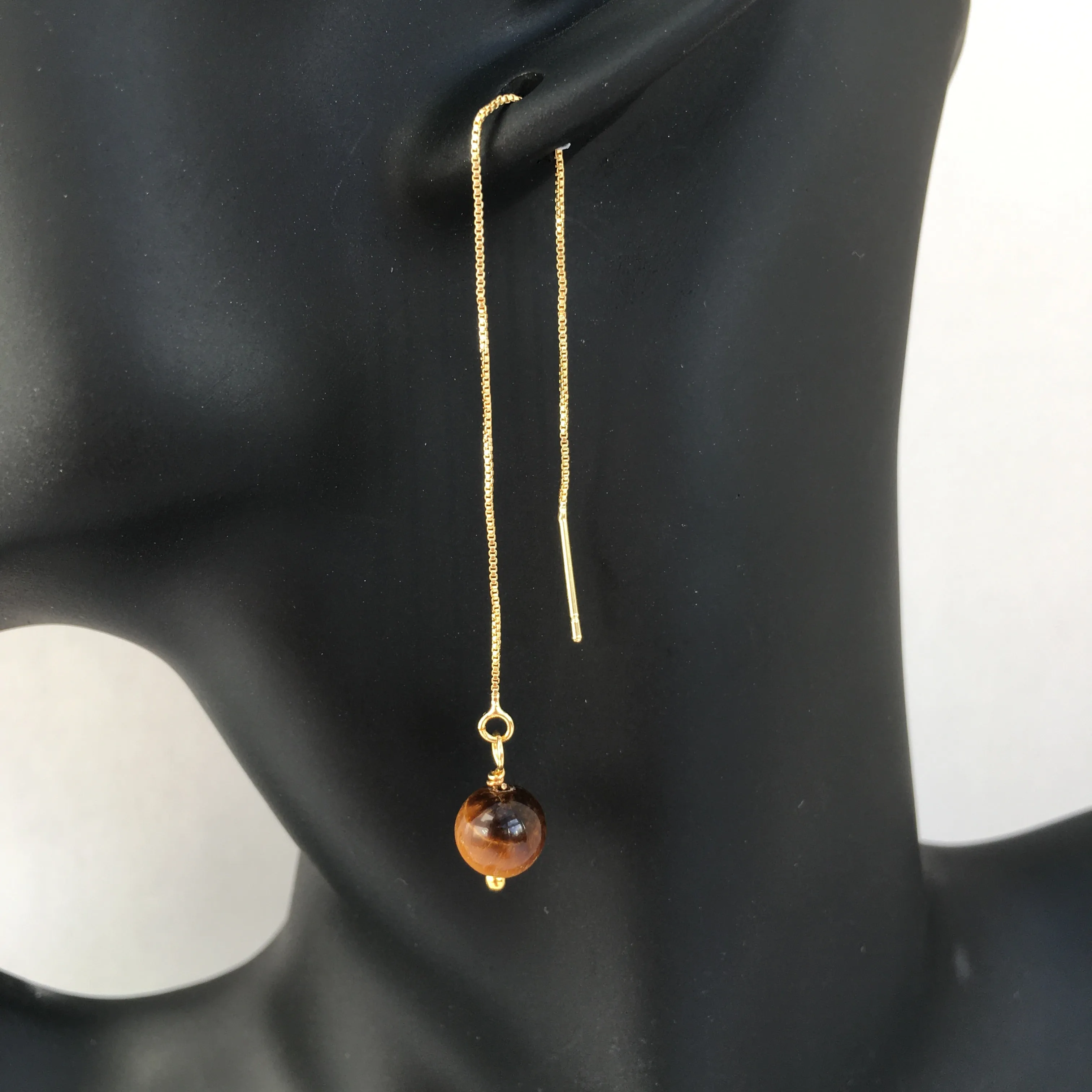 Genuine Tiger Eye Gold Plated Threader Earrings, Pair