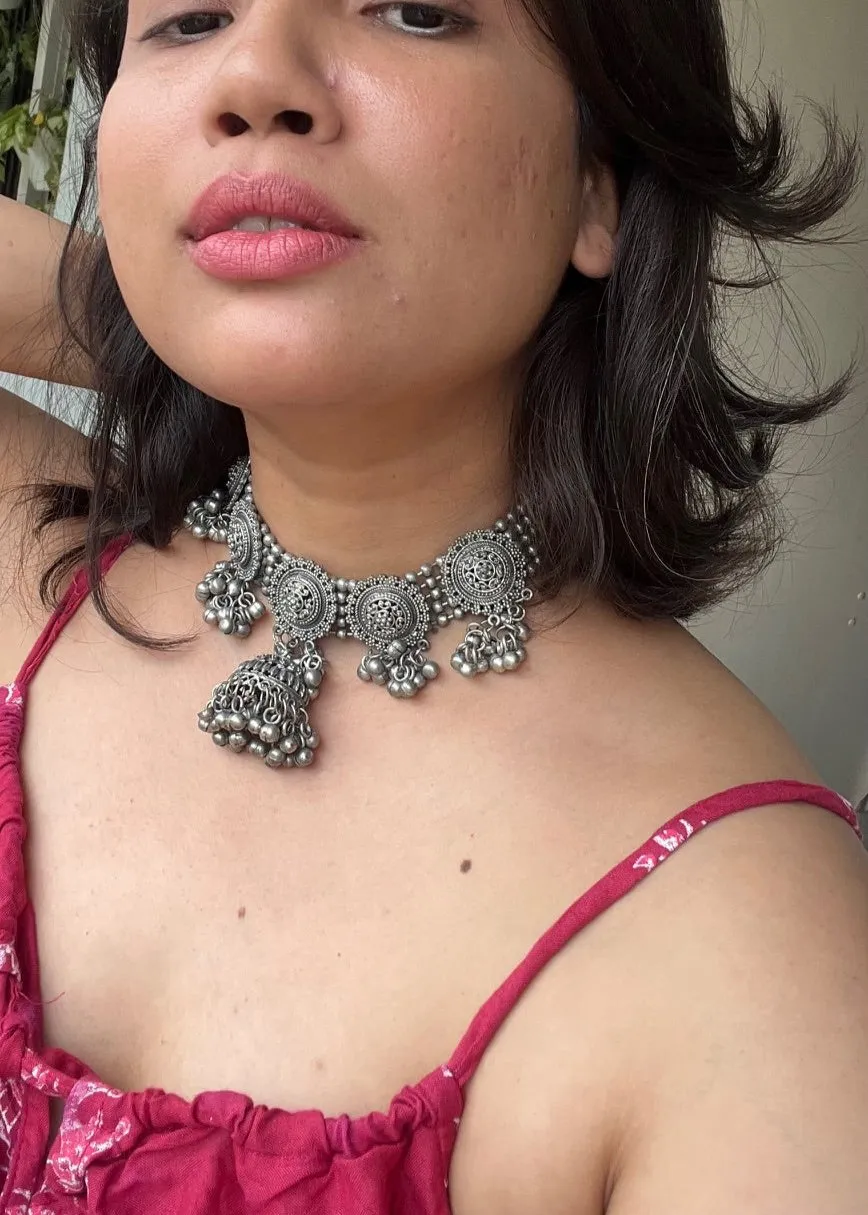 German silver oxidized designer choker necklace