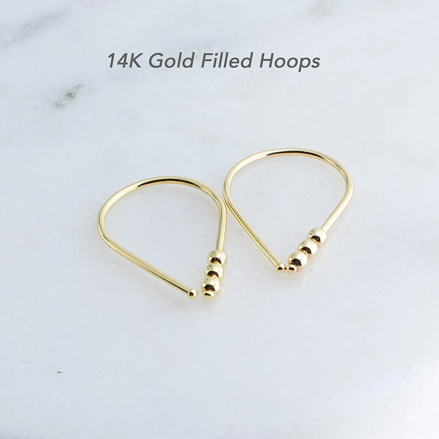 Gold Filled 20 GA Piercing Teardrop Hoop Horseshoe Arc Hook Earrings with 3 Gold Filled Beads