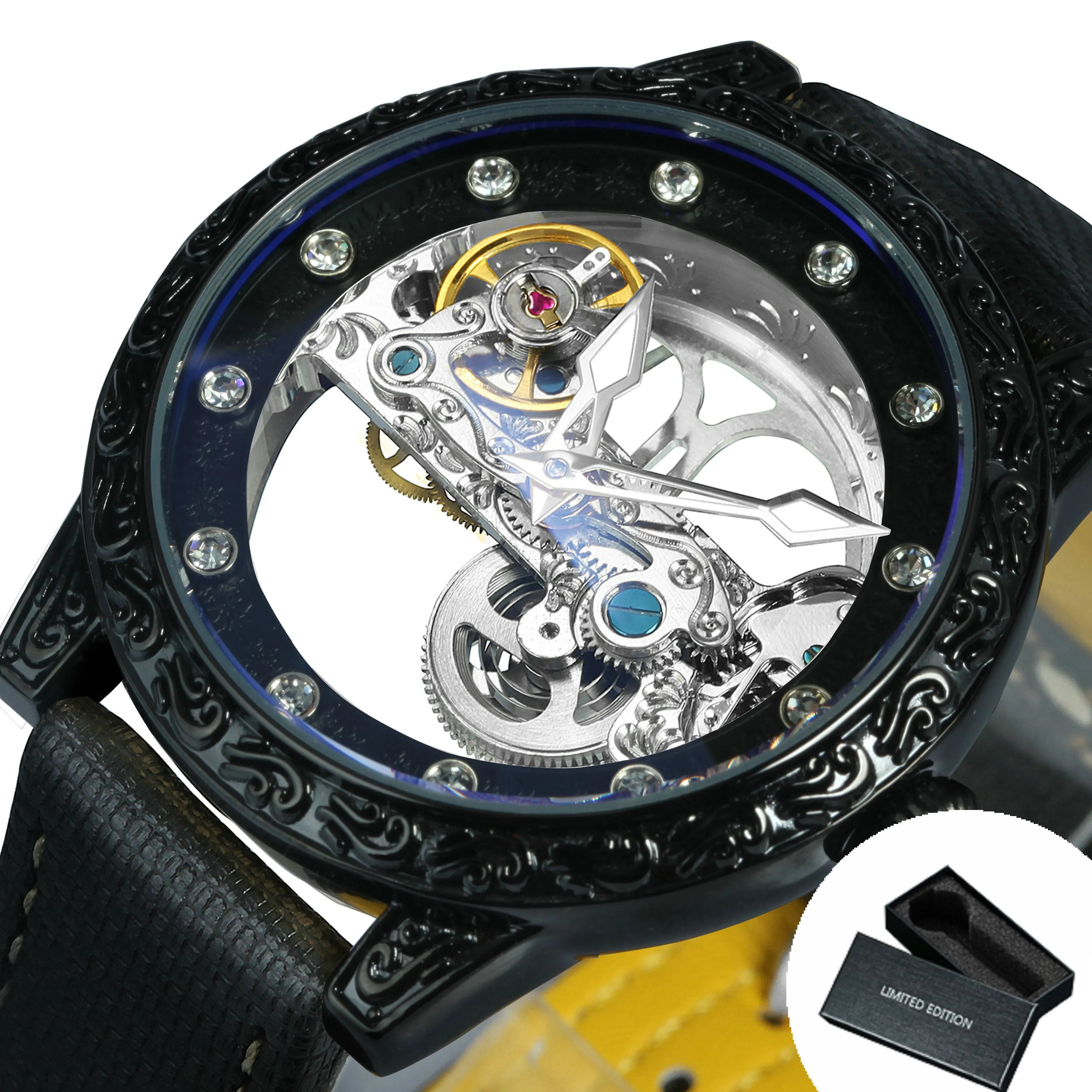 Golden Bridge Skeleton Automatic Mechanical Watch Engraved Case Luxury Green Diamond Luminous Hands Forsining Winding Watches for Men