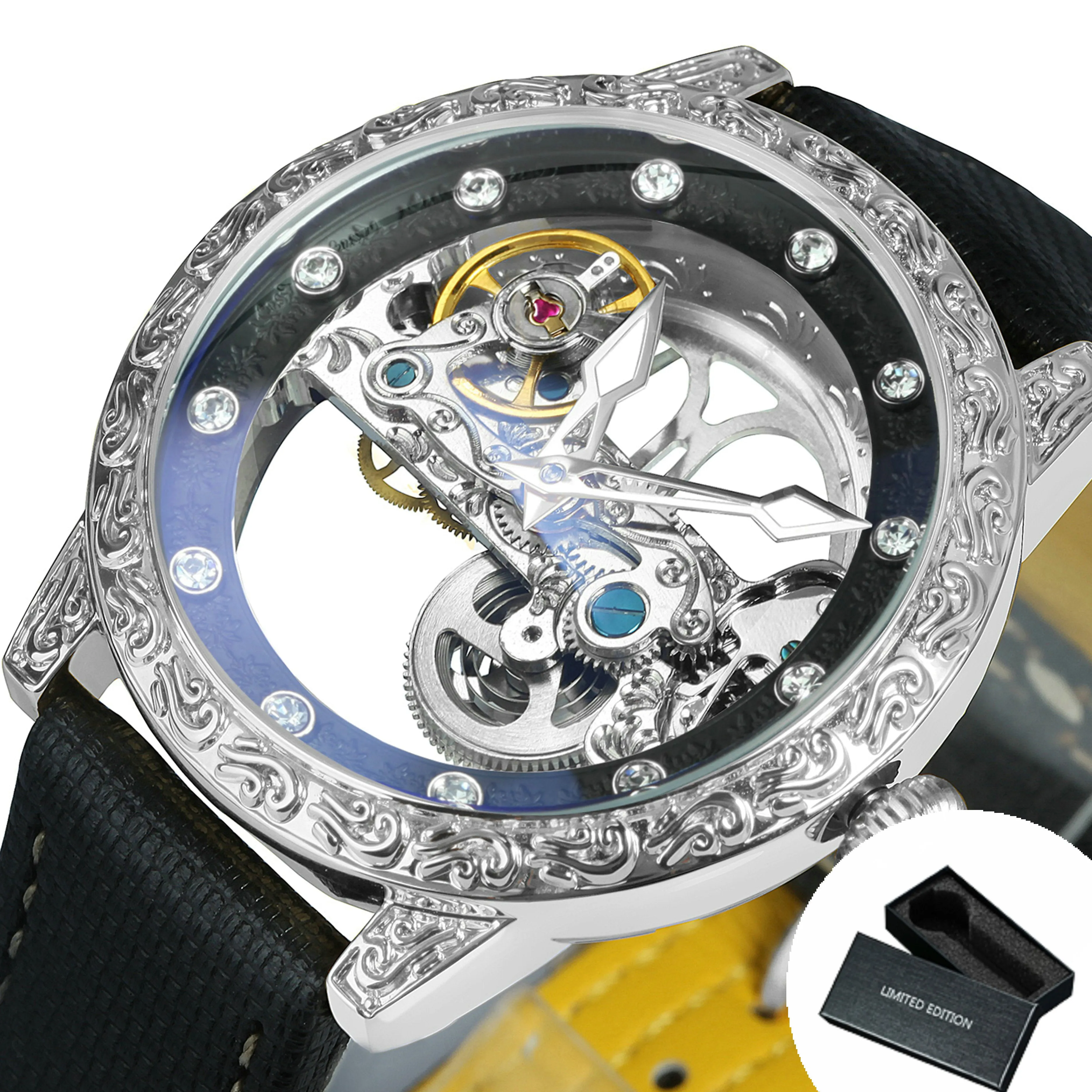 Golden Bridge Skeleton Automatic Mechanical Watch Engraved Case Luxury Green Diamond Luminous Hands Forsining Winding Watches for Men