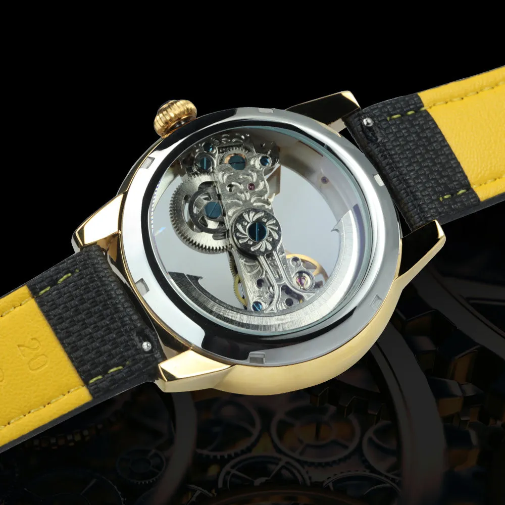 Golden Bridge Skeleton Automatic Mechanical Watch Engraved Case Luxury Green Diamond Luminous Hands Forsining Winding Watches for Men