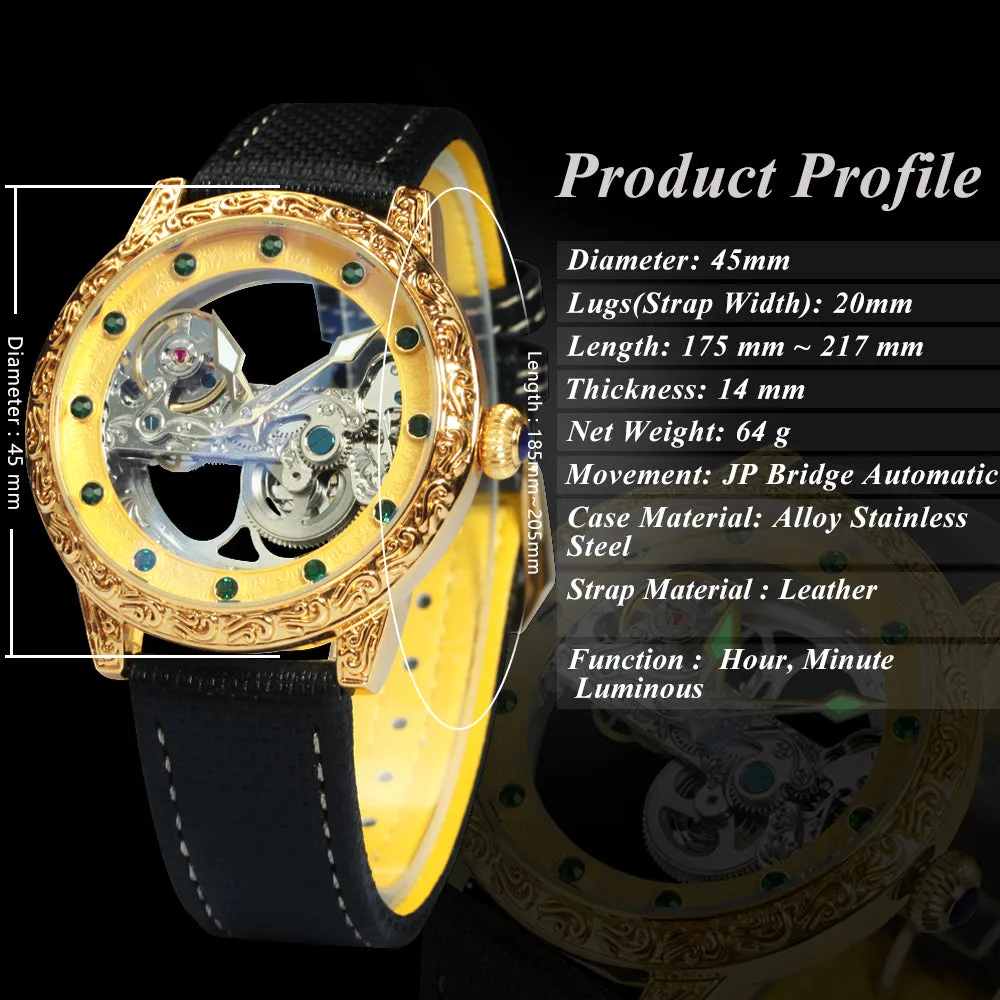 Golden Bridge Skeleton Automatic Mechanical Watch Engraved Case Luxury Green Diamond Luminous Hands Forsining Winding Watches for Men