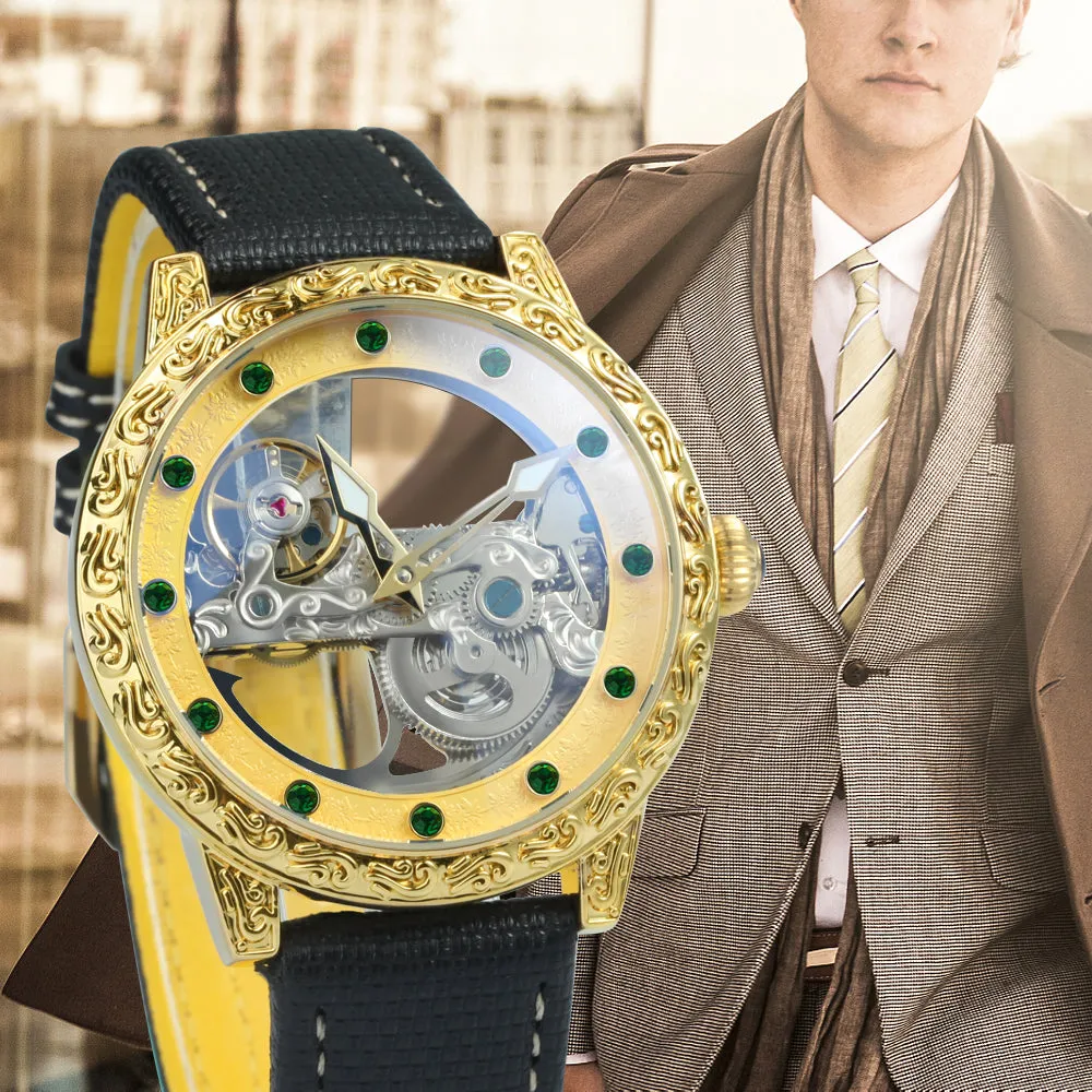 Golden Bridge Skeleton Automatic Mechanical Watch Engraved Case Luxury Green Diamond Luminous Hands Forsining Winding Watches for Men