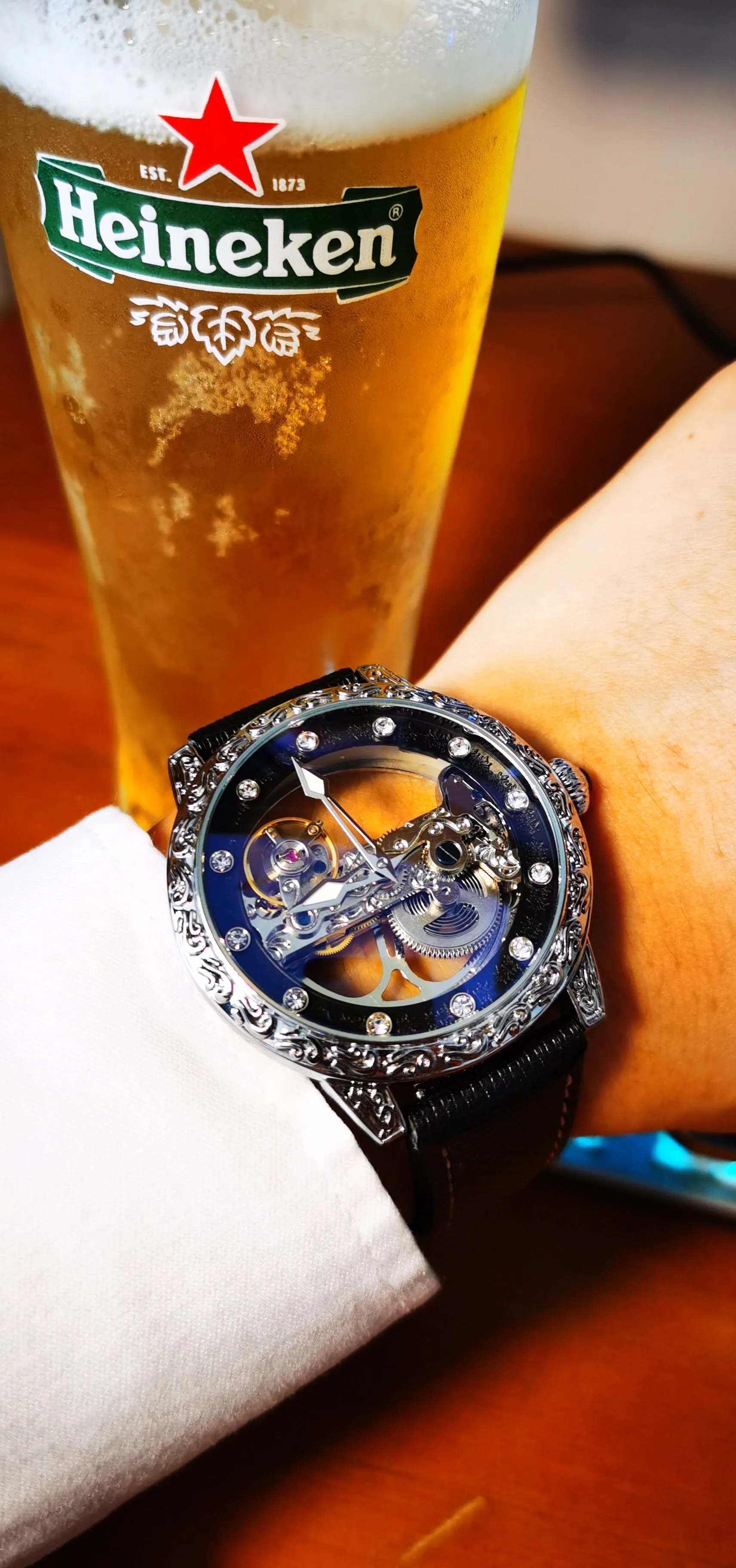 Golden Bridge Skeleton Automatic Mechanical Watch Engraved Case Luxury Green Diamond Luminous Hands Forsining Winding Watches for Men